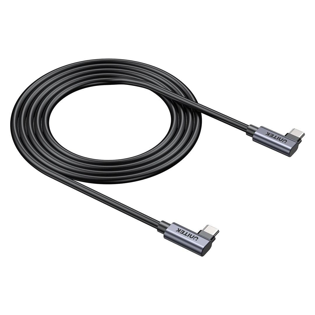 Czarny kabel USB-C z dwoma kątowymi złączami, na białym tle.