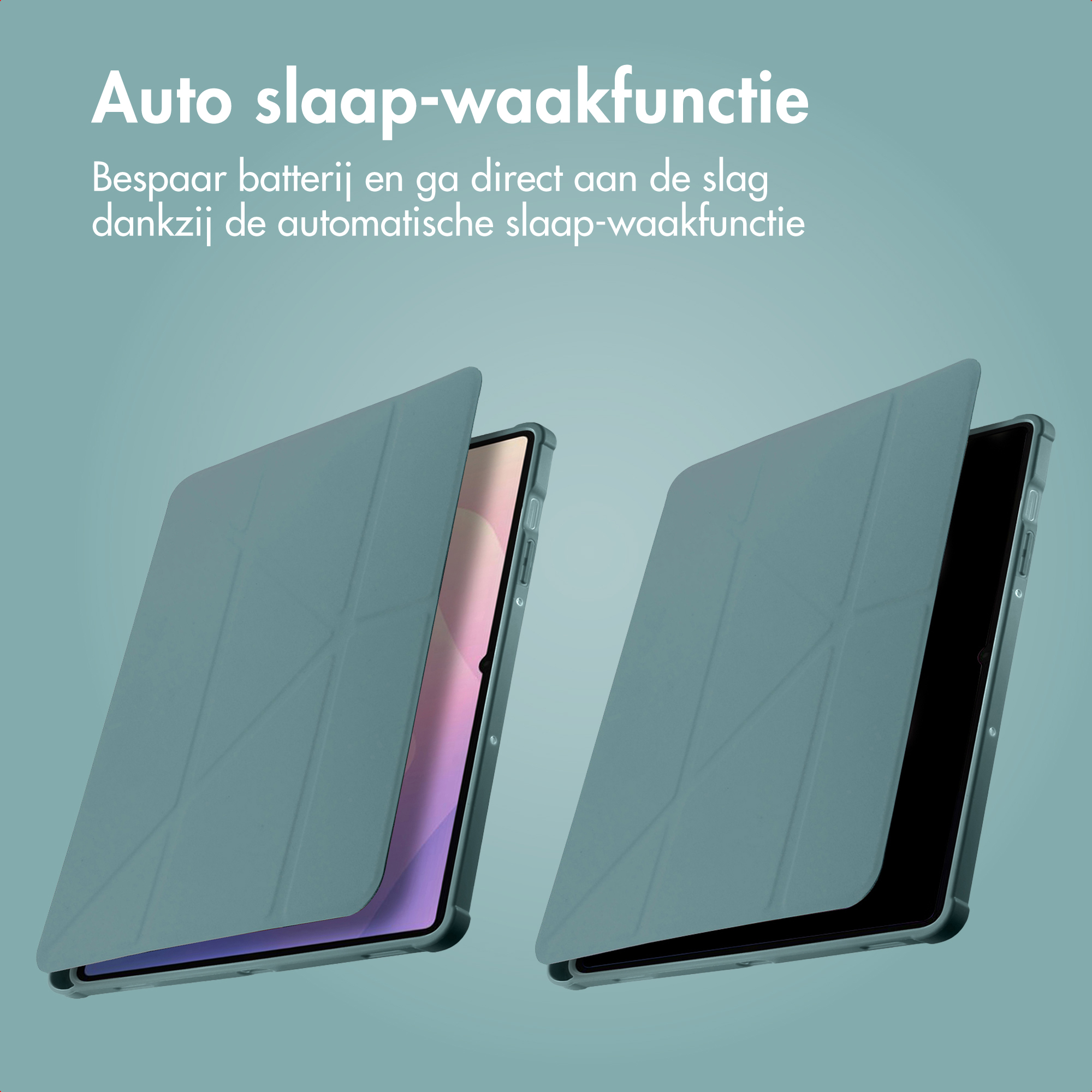 Two teal tablet cases, one open showing screen, one closed.