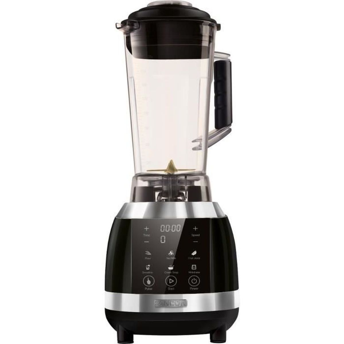 Black blender with transparent jug, metallic base, and digital controls.