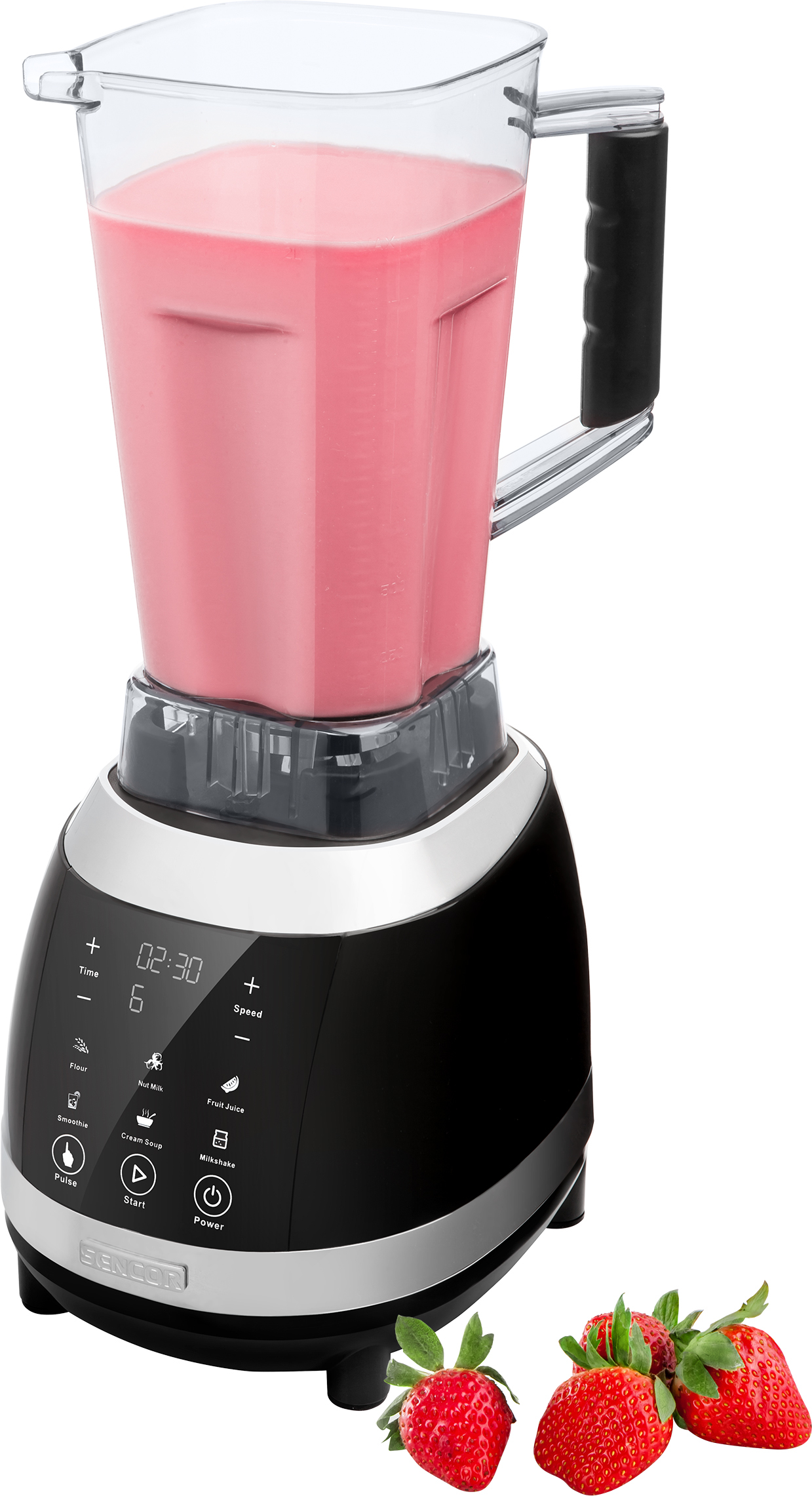 A black blender filled with pink liquid, with strawberries nearby.