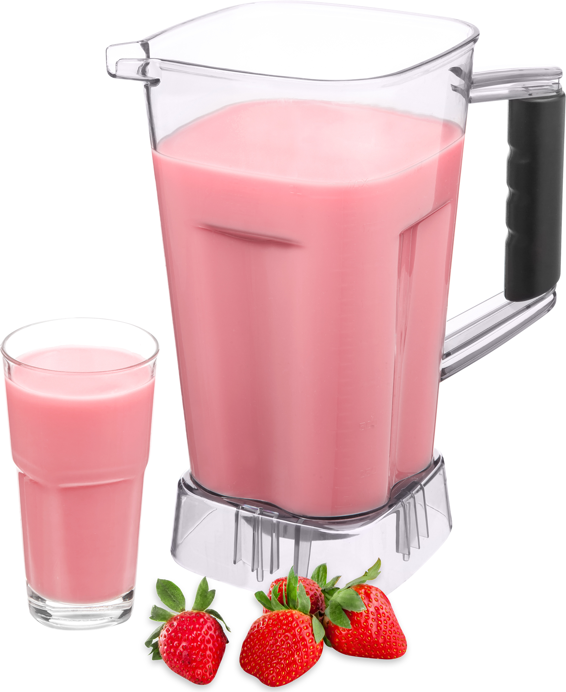 A glass and blender jar filled with pink liquid, with strawberries nearby.