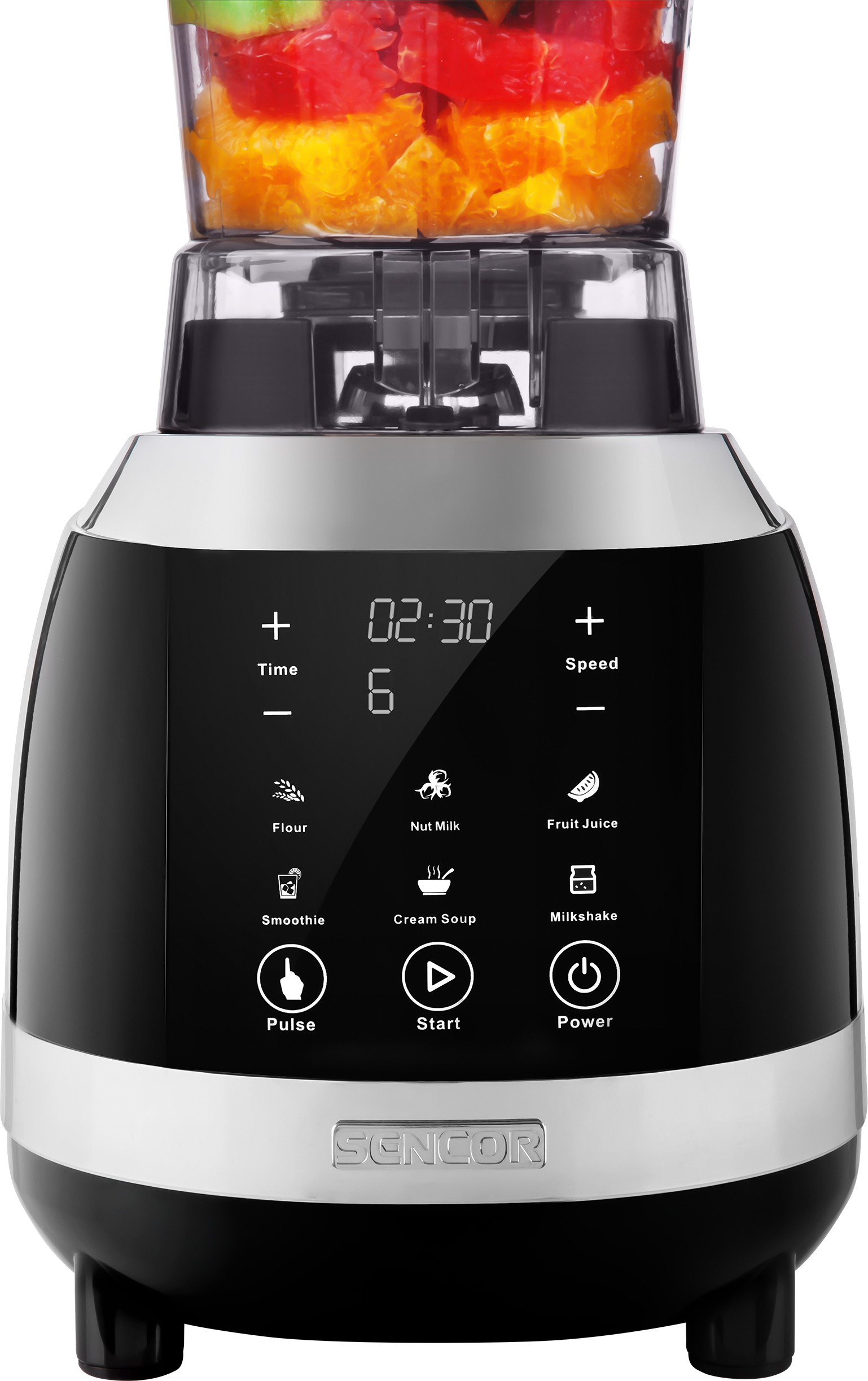 A black blender with fruit pieces in the jug and a digital display.