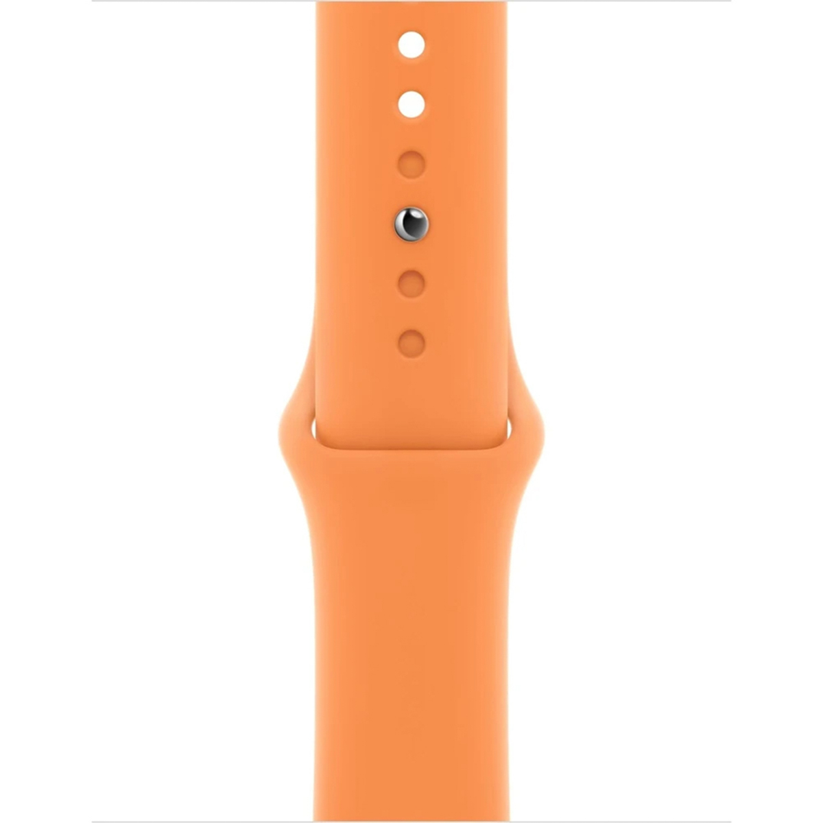 Un bracelet de montre orange avec une broche argentée et des trous ronds.
