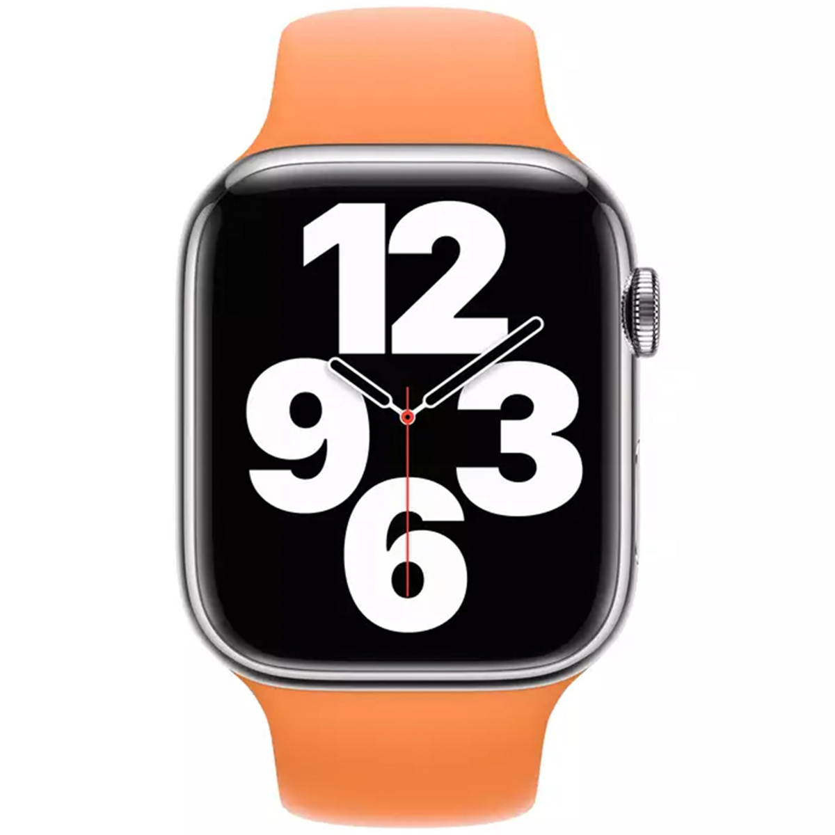 Une montre connectée avec boîtier argenté et bracelet orange. L'écran affiche de grands chiffres.