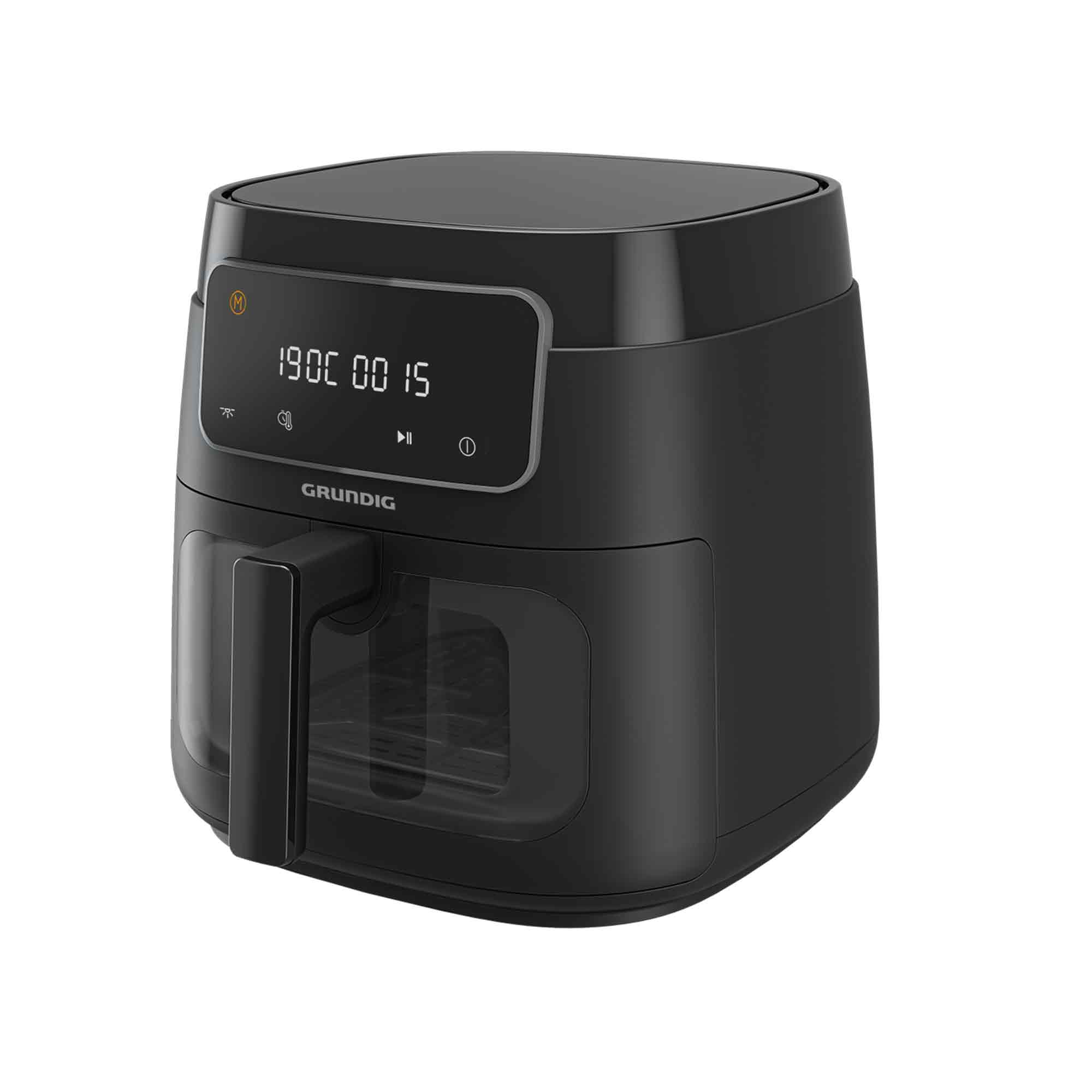 Czarna frytkownica beztłuszczowa Grundig z cyfrowym wyświetlaczem na białym tle.