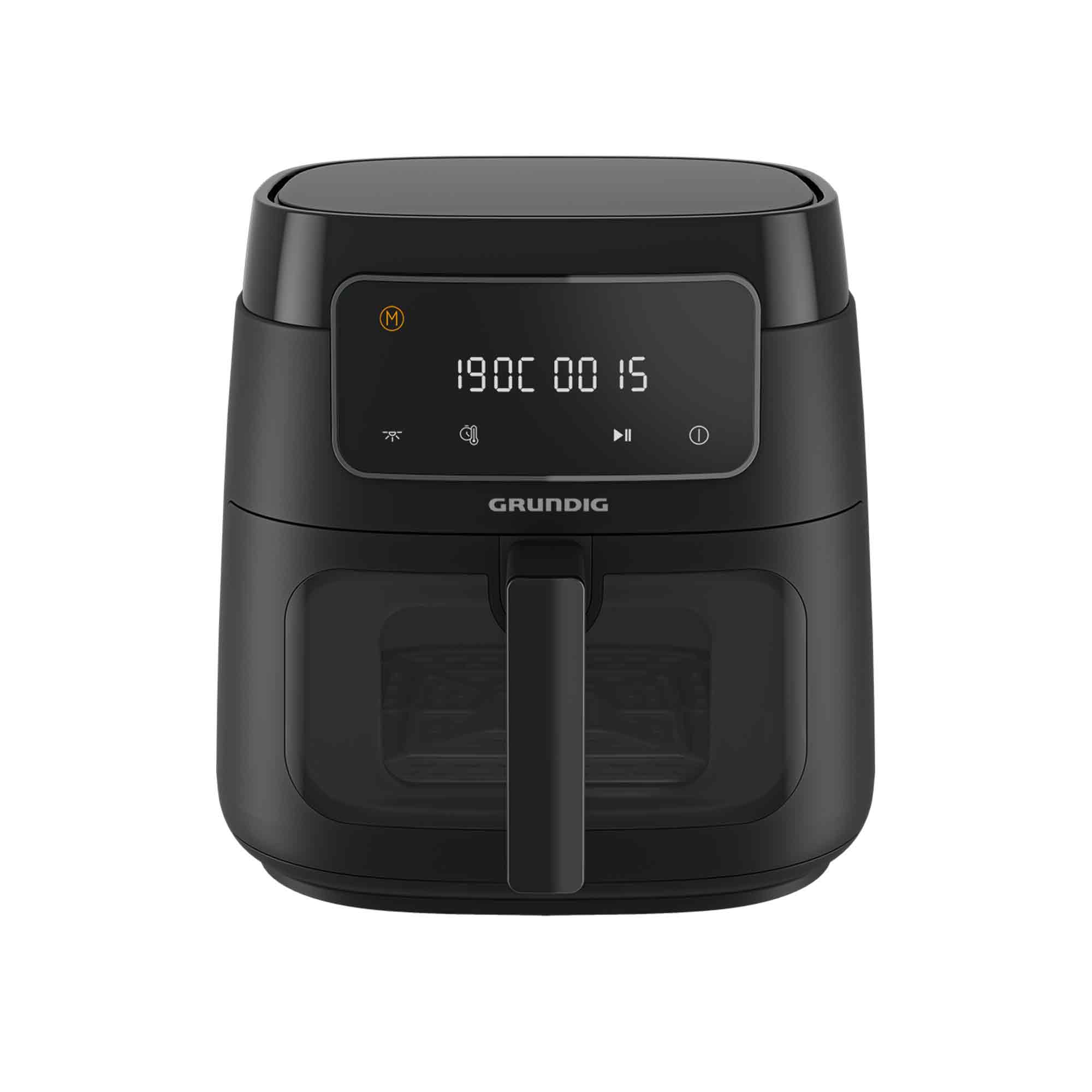 Czarna frytkownica beztłuszczowa Grundig z cyfrowym wyświetlaczem 190C 00:15.