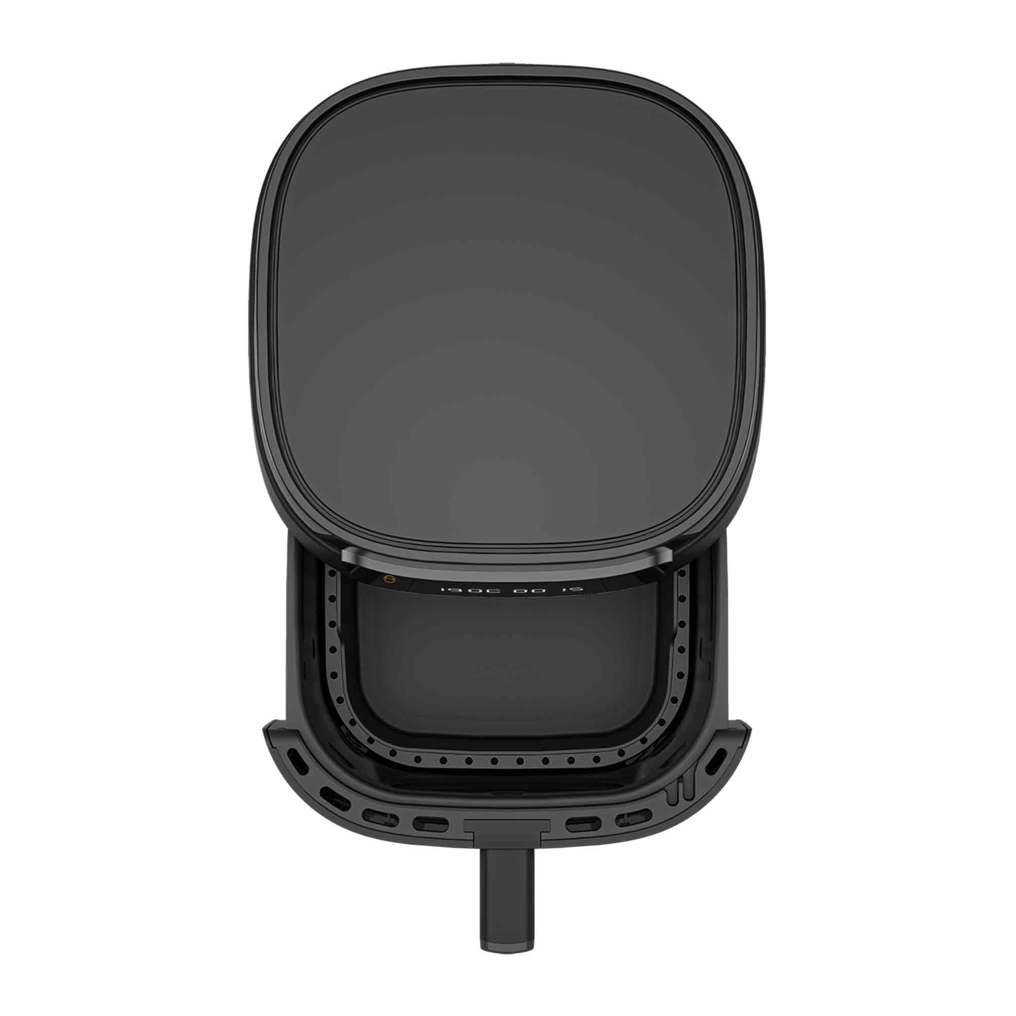 Czarna frytkownica beztłuszczowa z otwartą pokrywą, widok z góry.