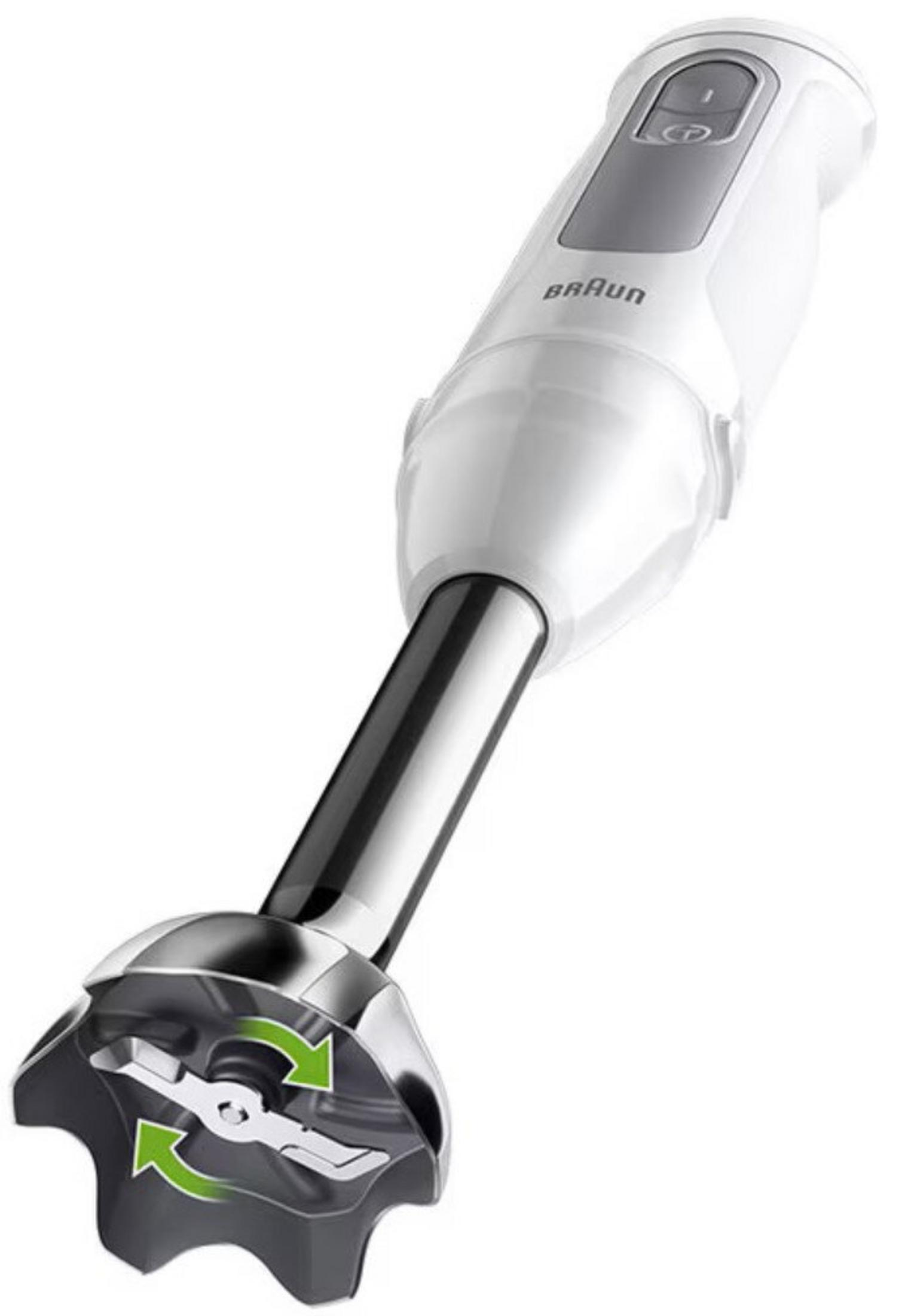 Een witte staafmixer met zilveren metalen voet en messen.