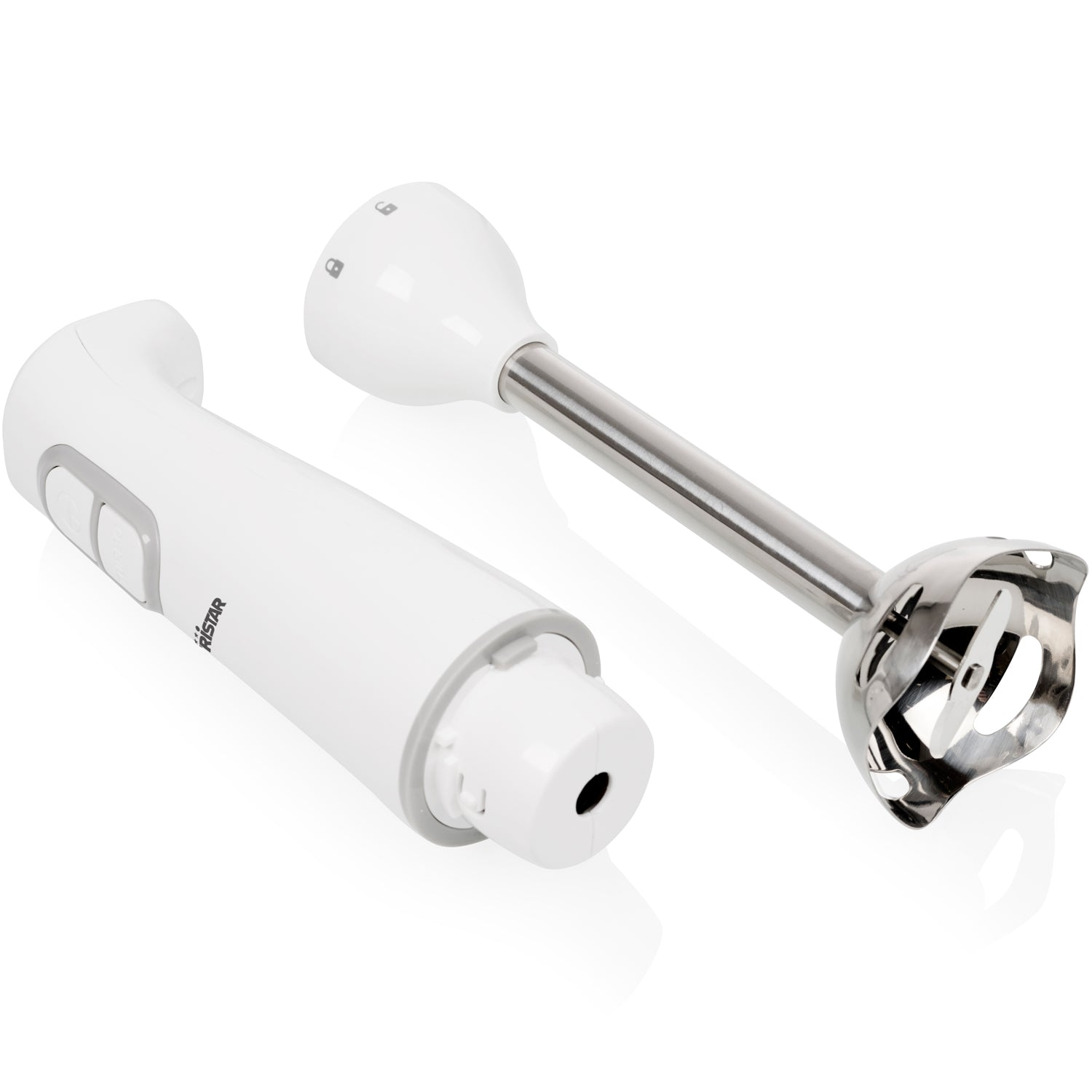 Biały blender ręczny ze srebrną metalową stopą i przyciskami.