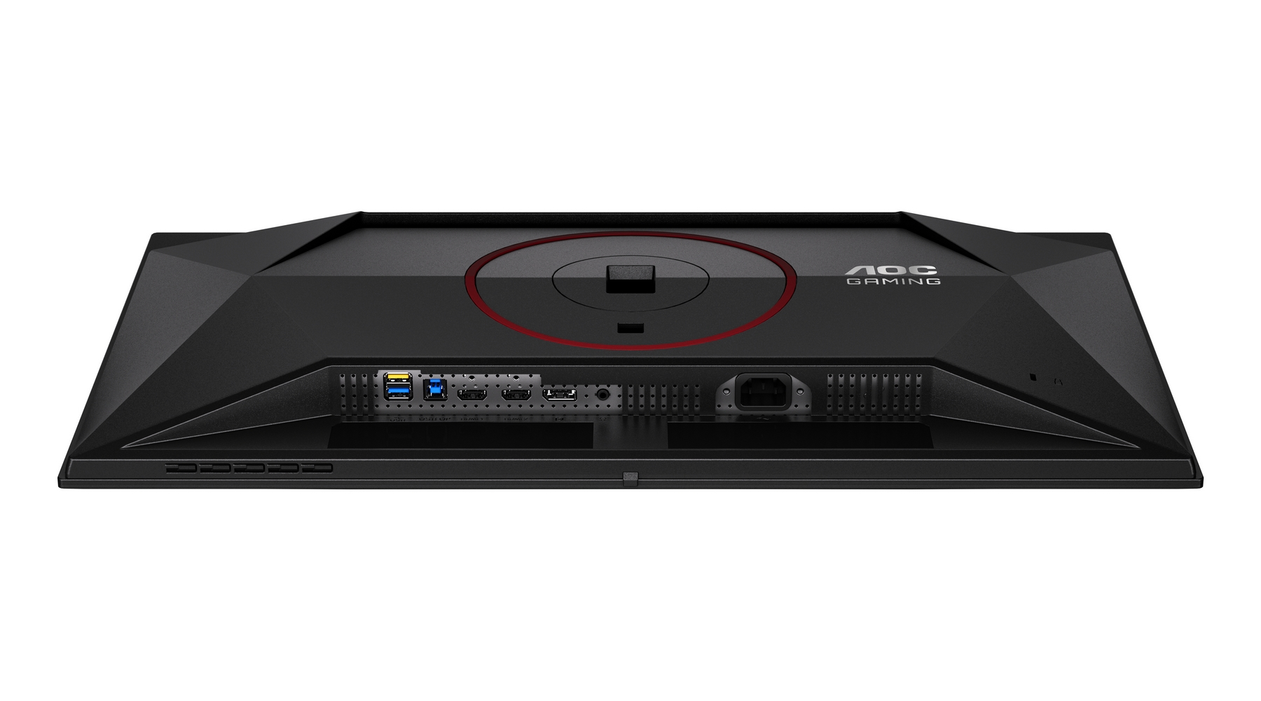 Achterkant van een zwarte AOC Gaming monitor met poorten en logo.
