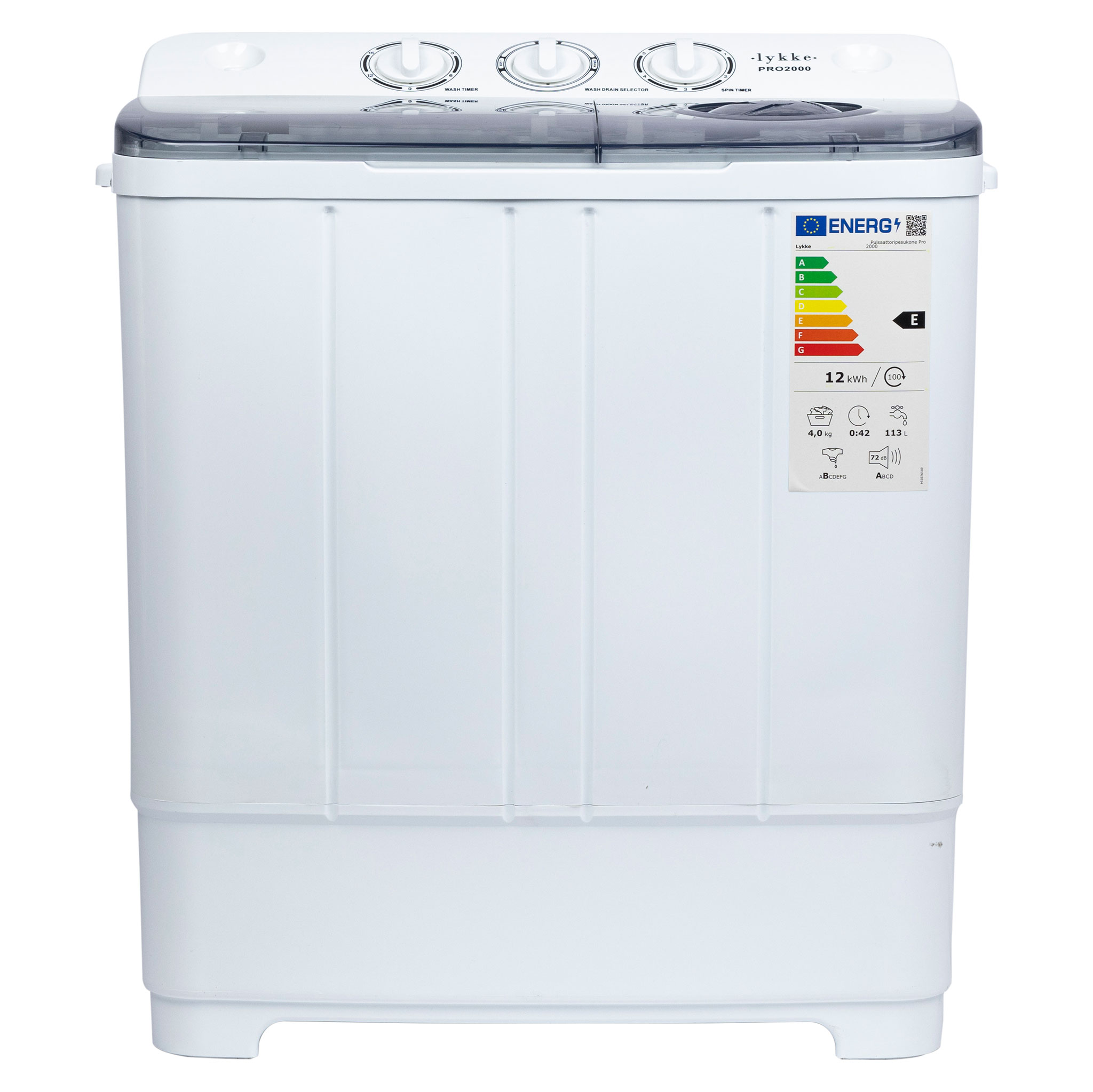 Biała pralka z etykietą energetyczną i elementami sterującymi na górze.