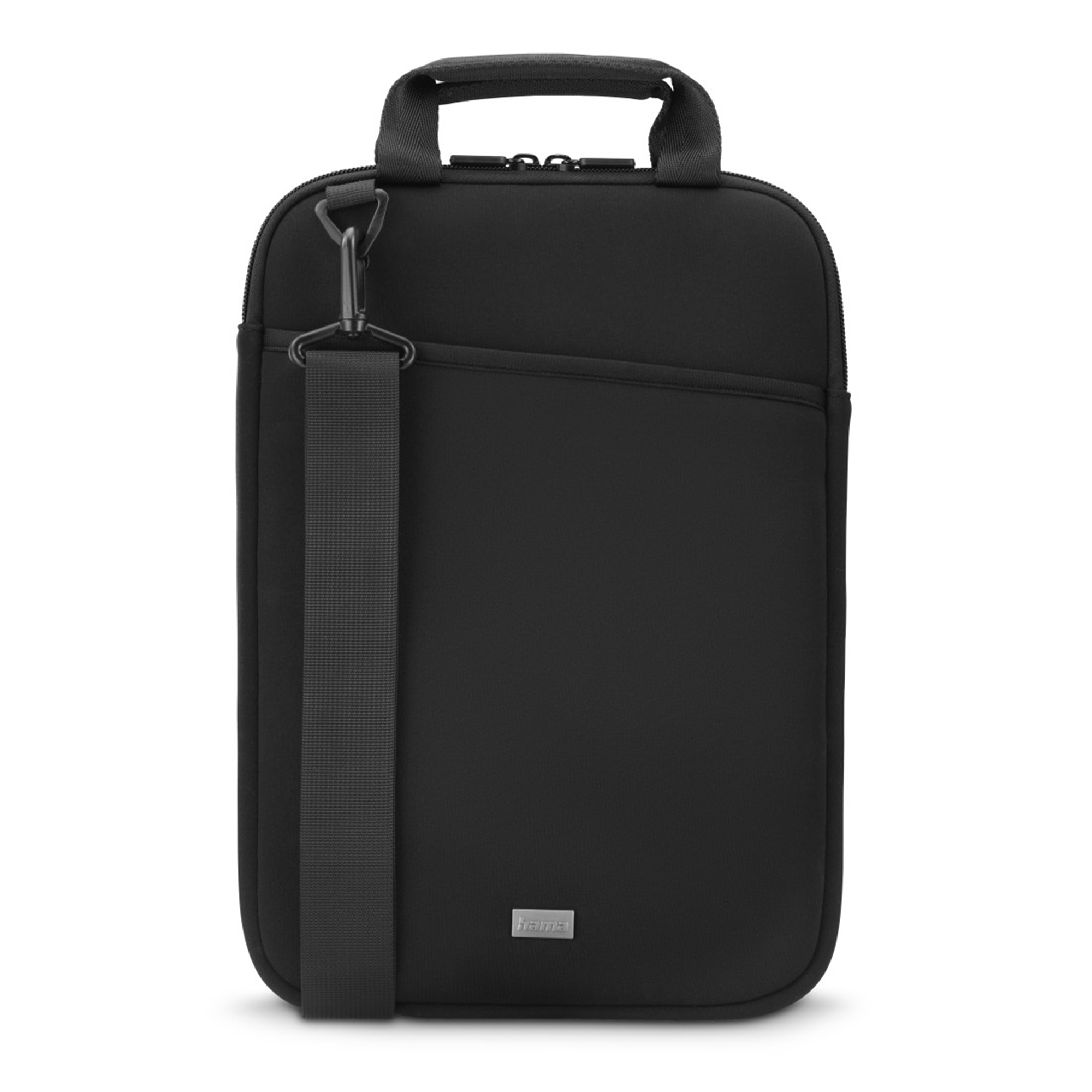 Schwarze Laptoptasche mit Henkel und Schultergurt.