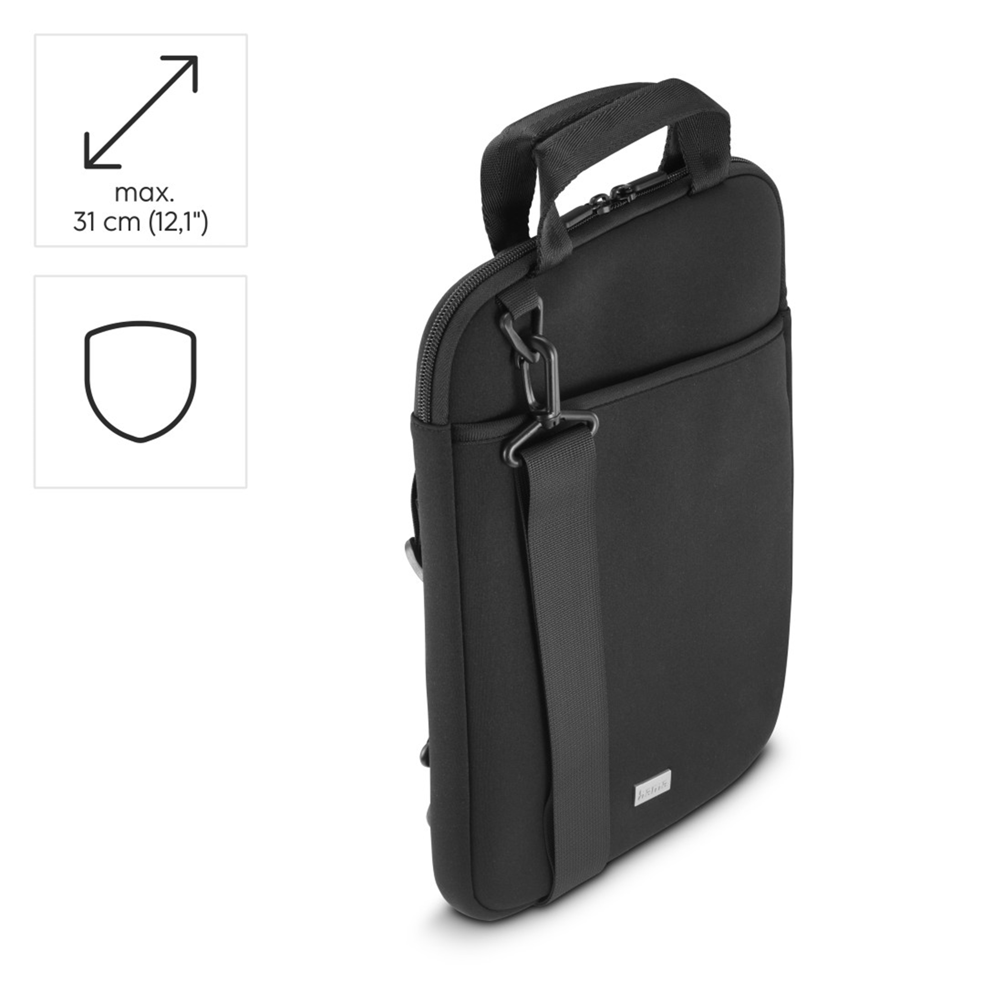 Schwarze Laptoptasche mit Tragegriff, Schultergurt und Reißverschluss.