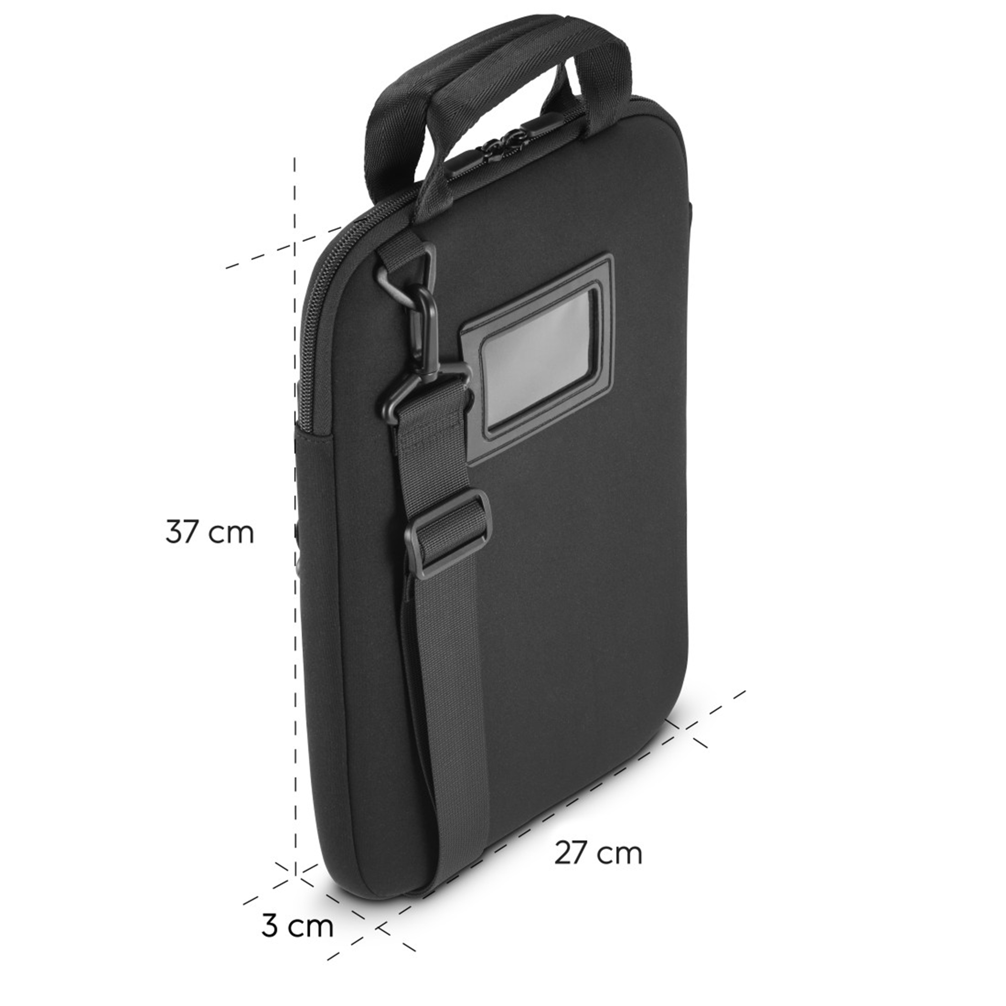 Schwarze Laptoptasche mit Griff, Schultergurt und Maßen von 37x27x3 cm.