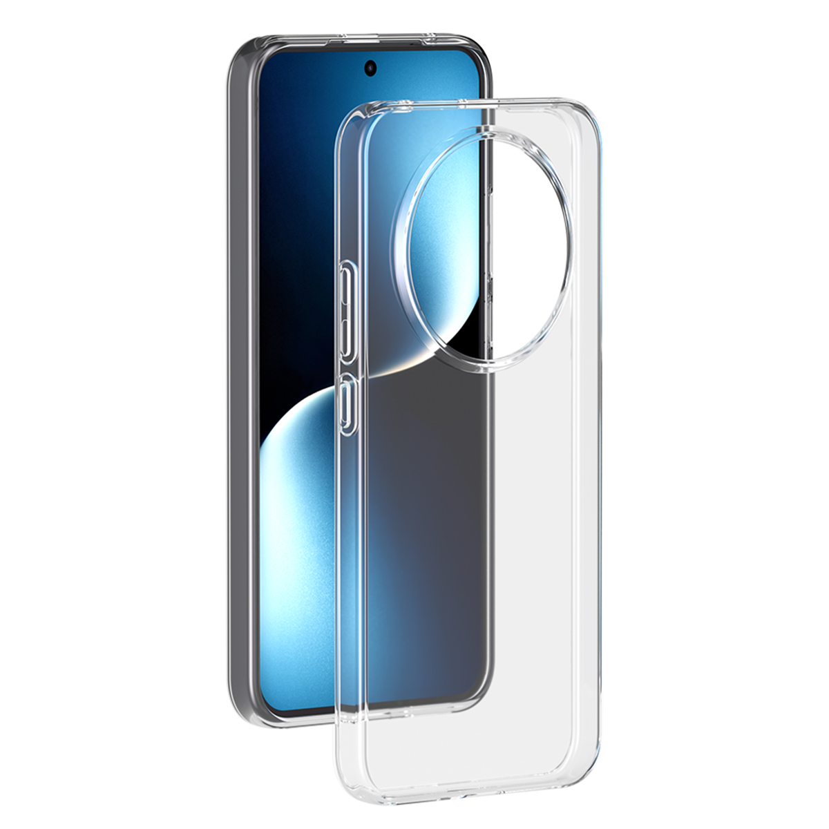 Una custodia trasparente per telefono poggia accanto a uno smartphone con schermo blu.