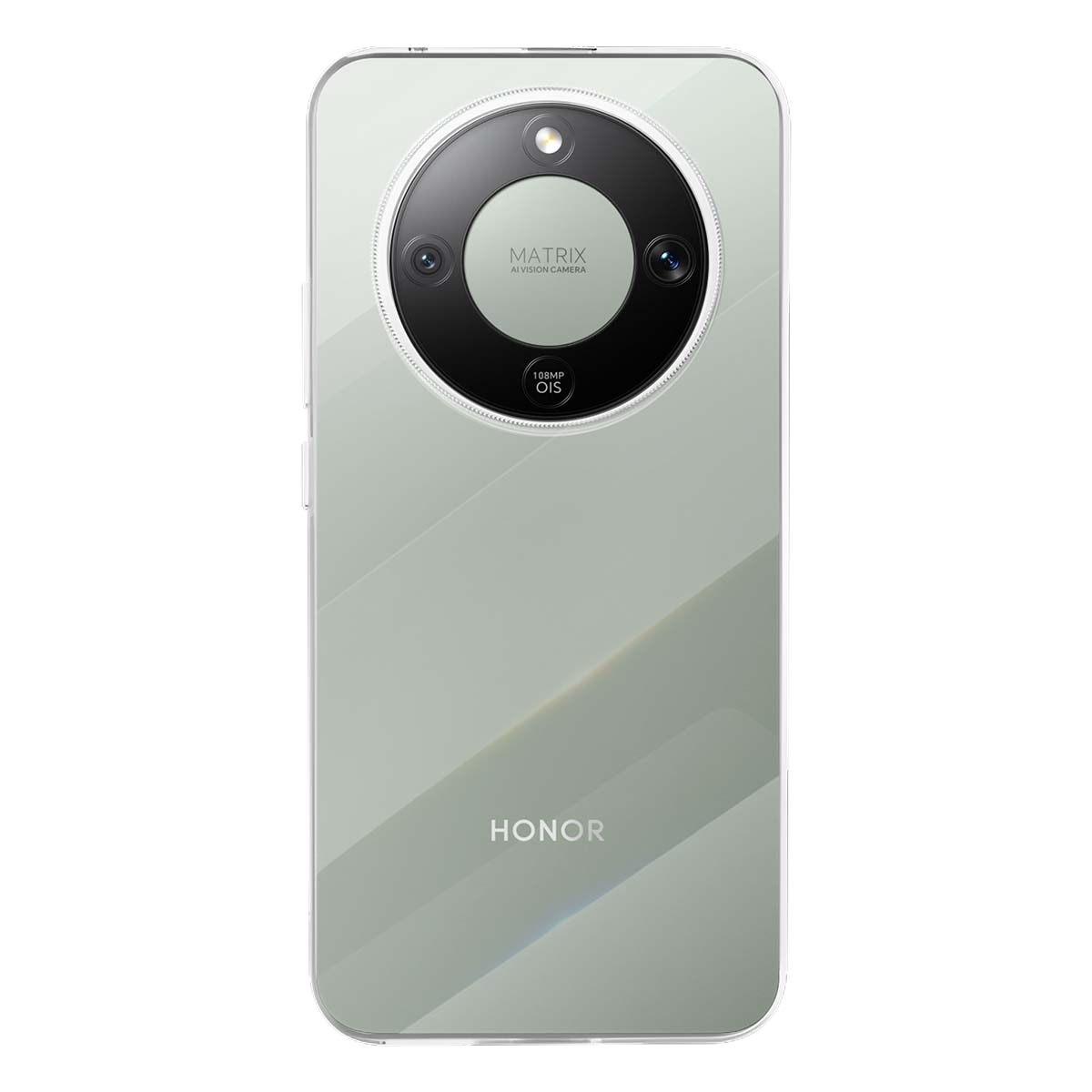 Retro di uno smartphone Honor argentato con fotocamera Matrix e 108MP OIS.