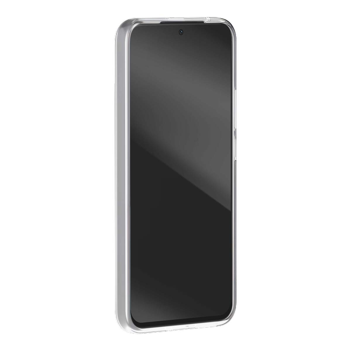 Uno smartphone trasparente con bordo grigio su sfondo bianco.