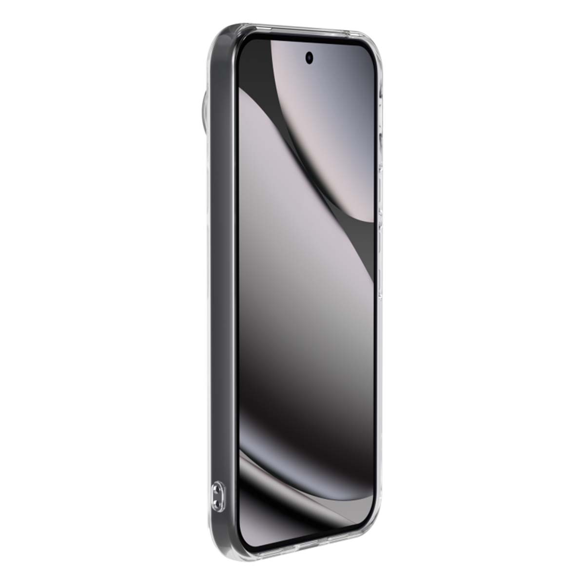 Una cover trasparente per telefono con uno schermo scuro e riflettente.