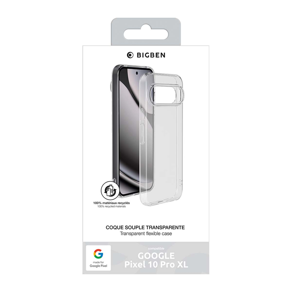 Custodia flessibile trasparente Bigben per Google Pixel 10 Pro XL, realizzata con materiali riciclati.