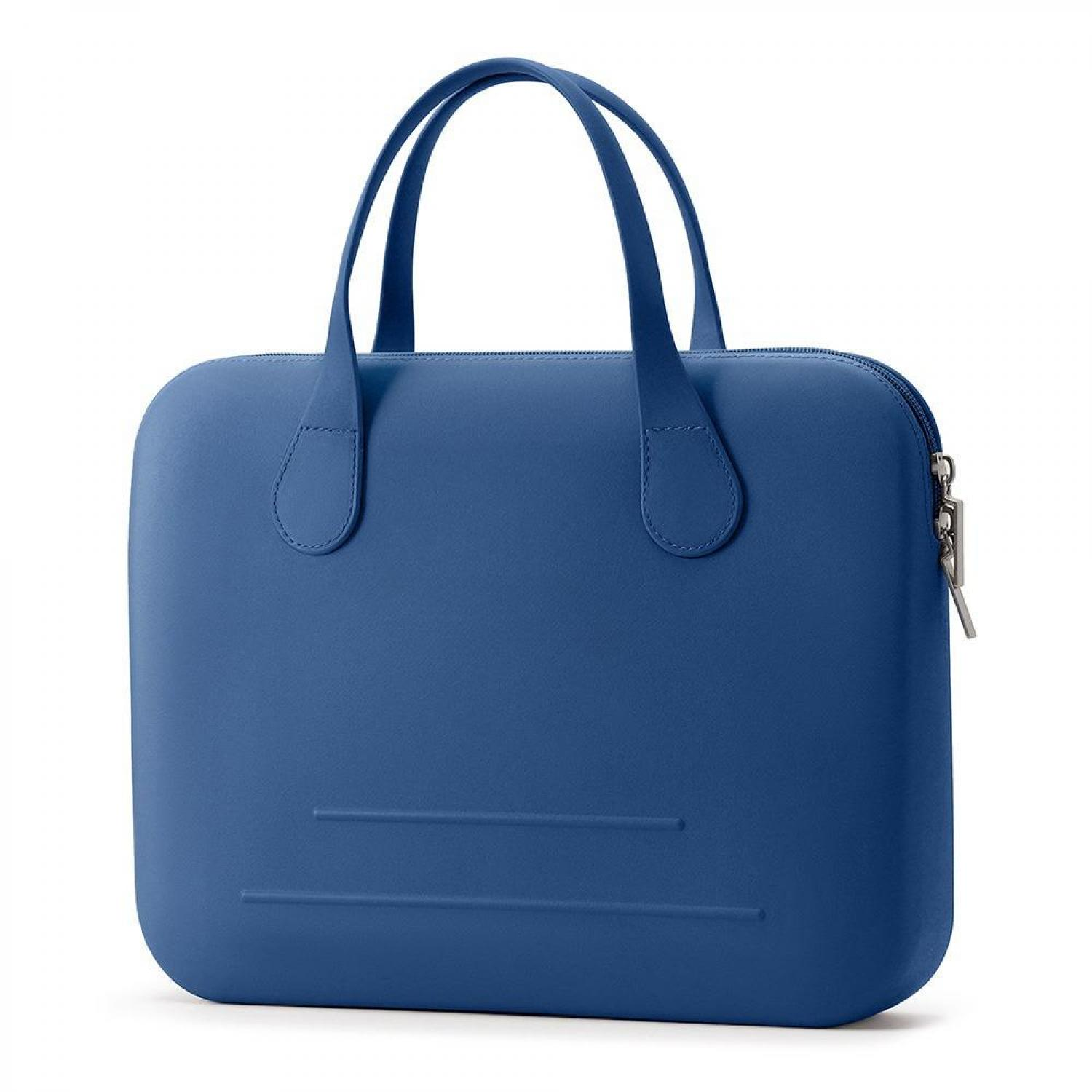 Eine blaue Tasche mit zwei Henkeln und einem Reißverschluss.