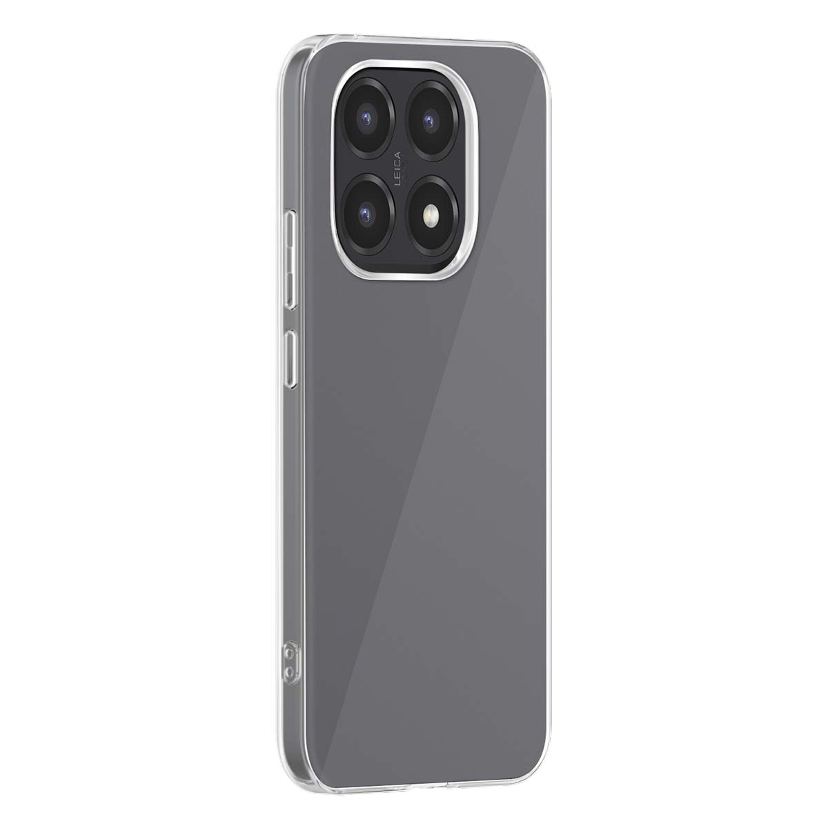 Una cover trasparente per telefono con quattro obiettivi sul retro.