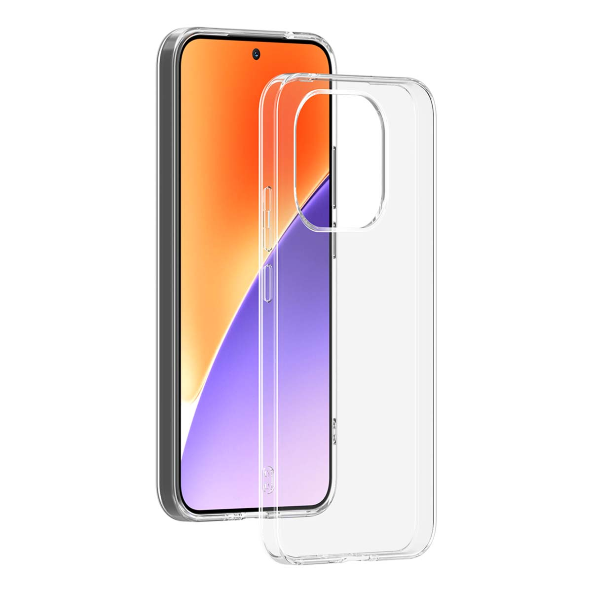 Una custodia trasparente per telefono accanto a uno smartphone con sfondo arancione e viola.