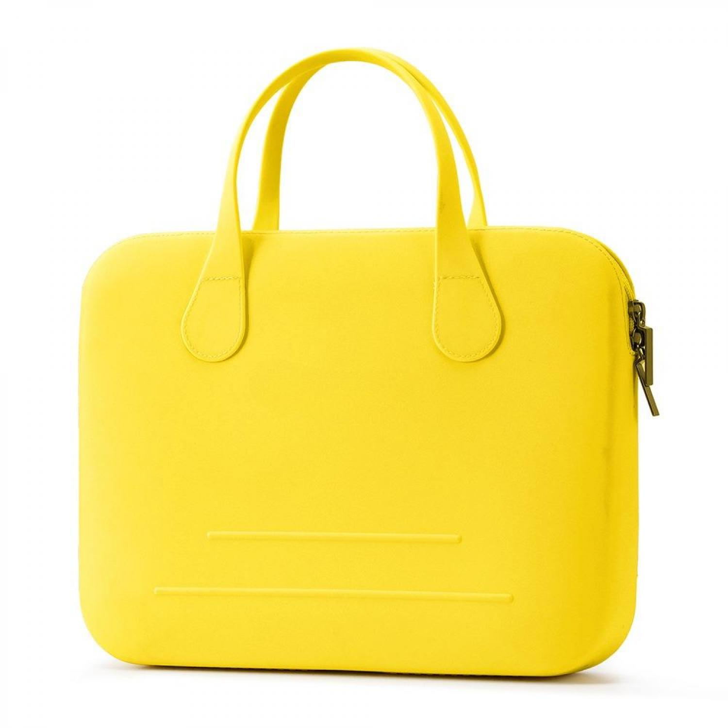 Eine leuchtend gelbe Tasche mit zwei Henkeln und einem Reißverschluss.