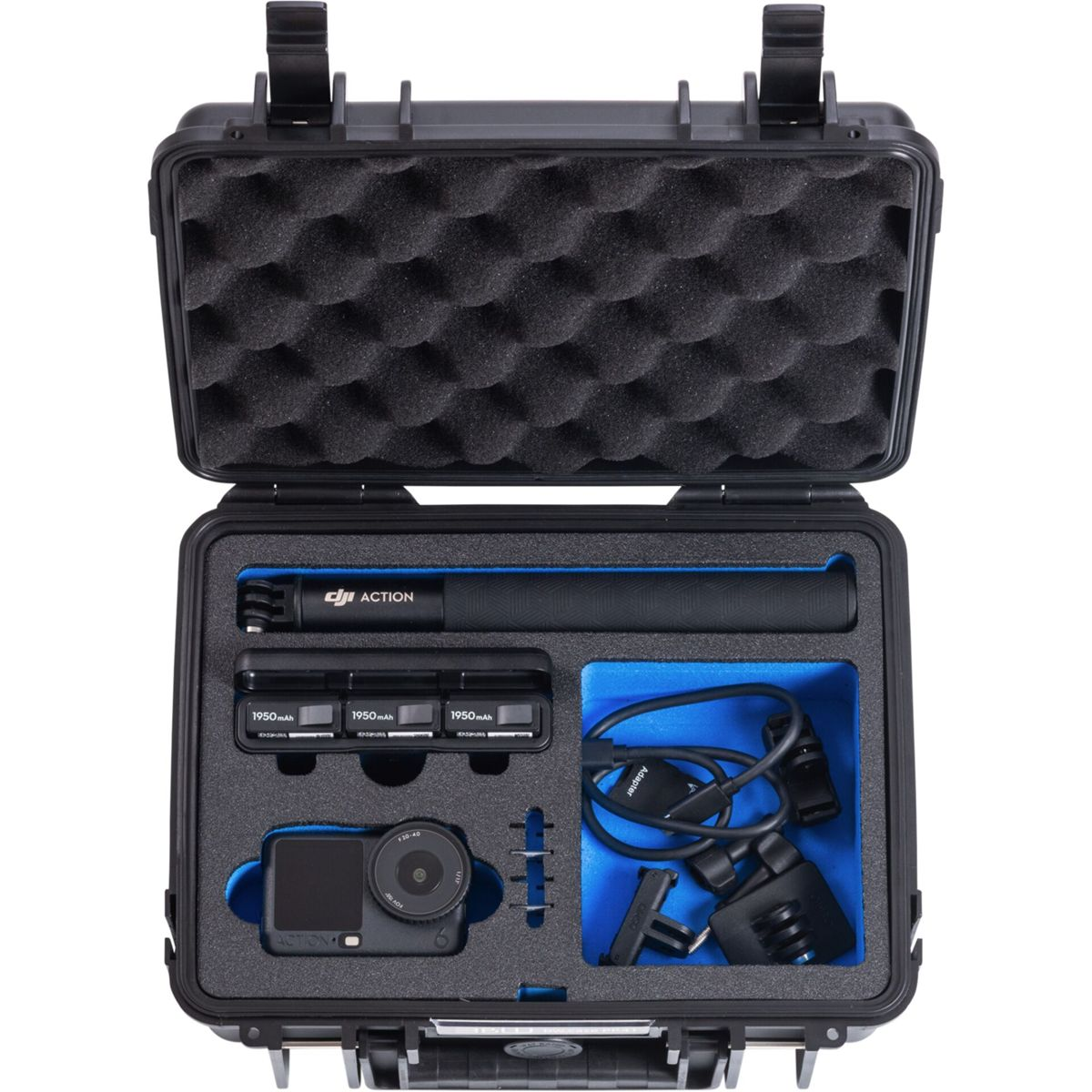 Ein schwarzer Koffer mit DJI Action Kamera, Griff und Zubehör.