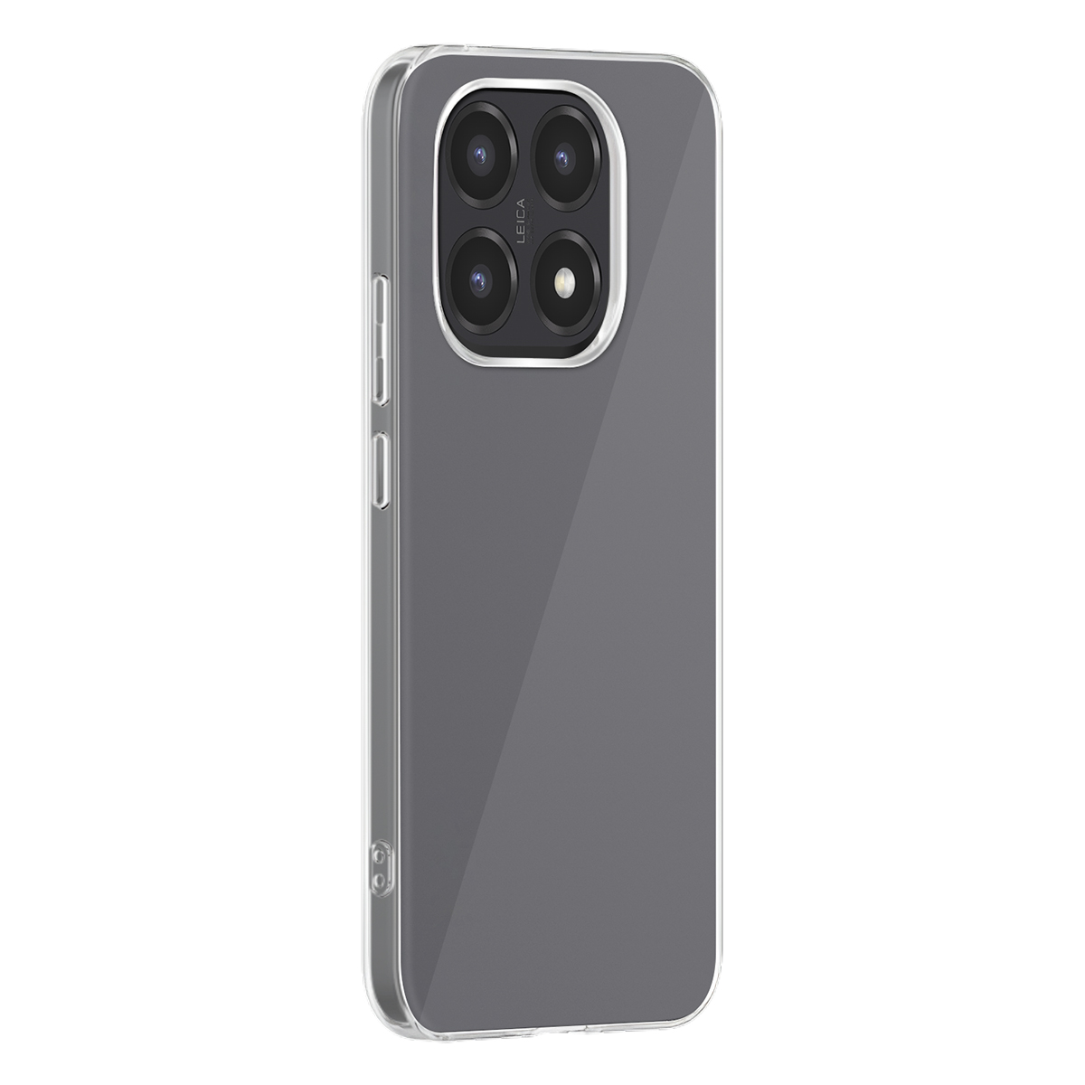 Custodia grigia per telefono con sistema quad camera e logo Leica.