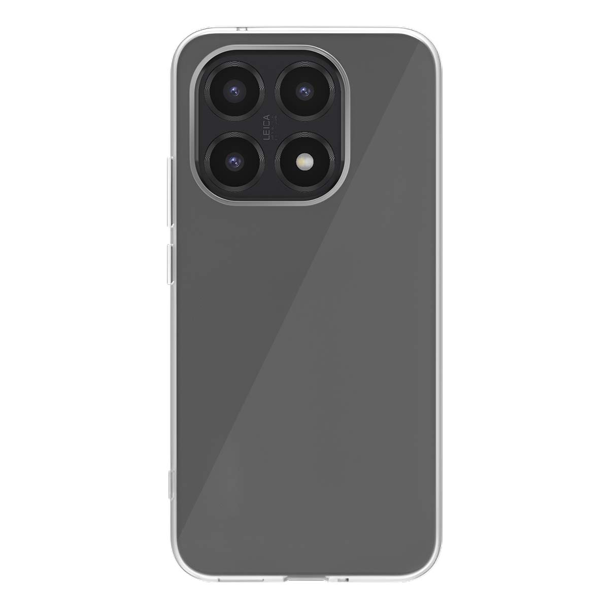 Retro di una custodia trasparente per telefono con quad camera e marchio LEICA.
