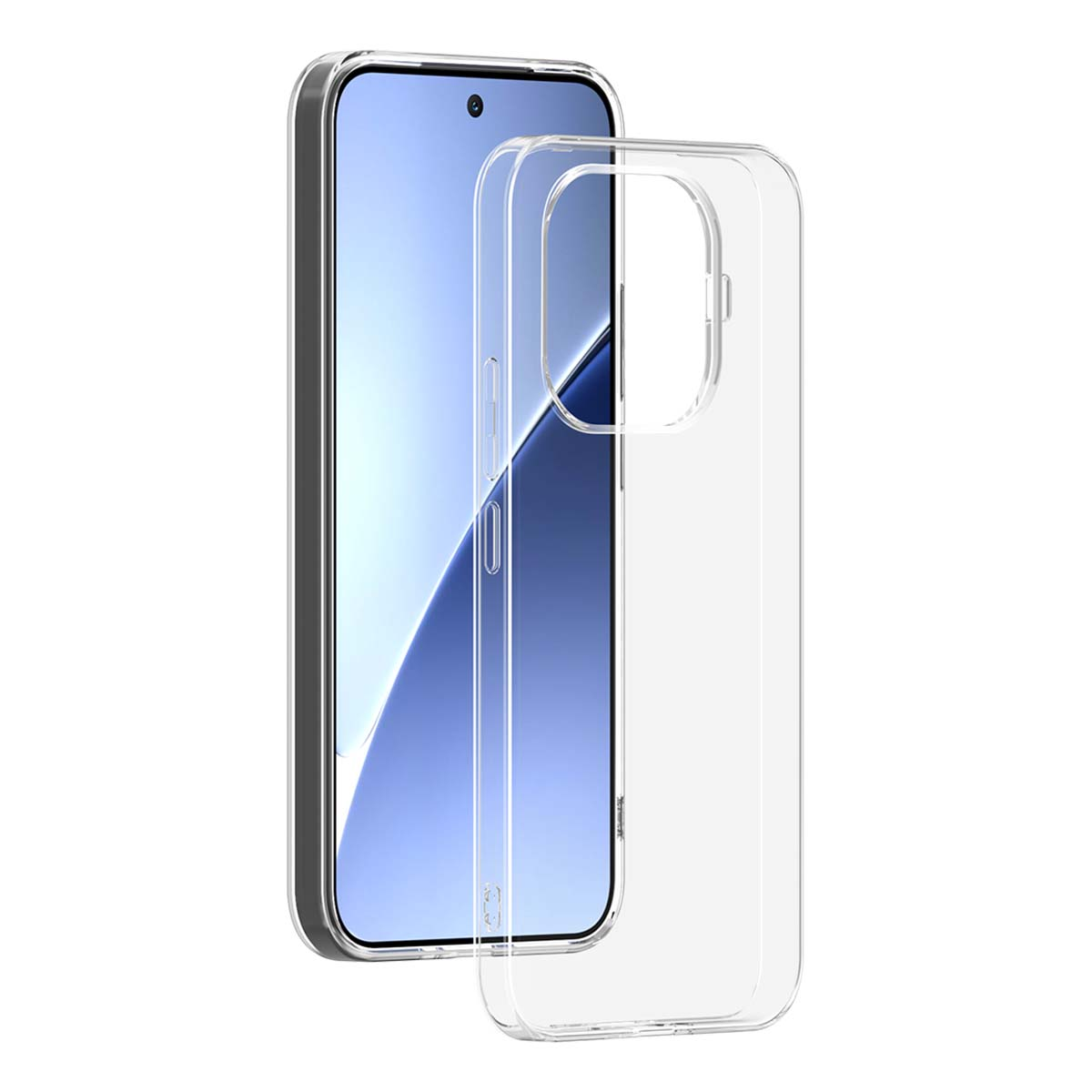 Custodia trasparente per telefono accanto a uno smartphone con schermo blu.