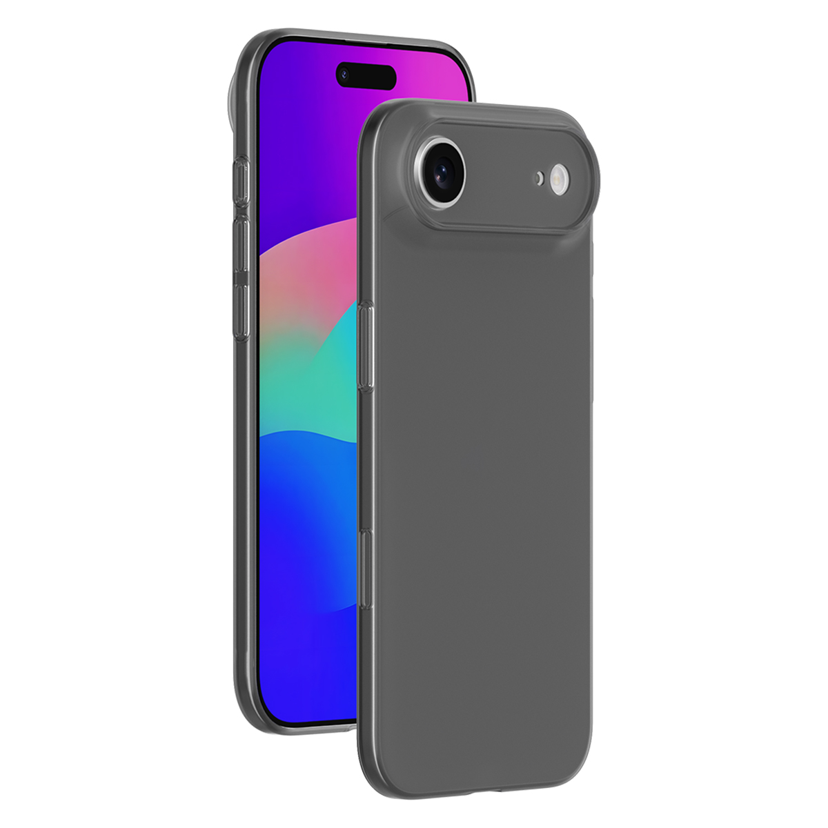 Una cover scura per telefono davanti a uno smartphone con schermo colorato.