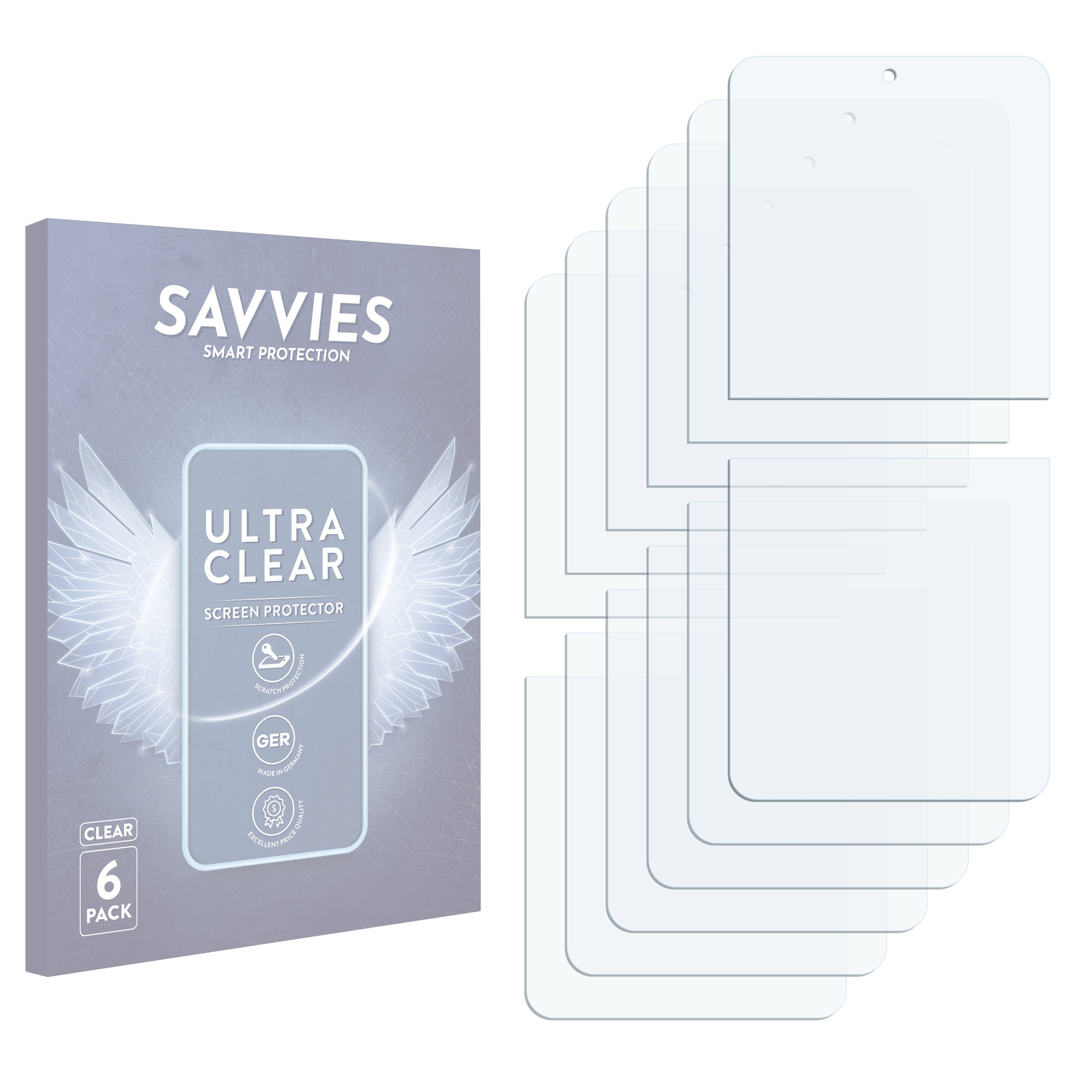 Verpackung mit 6 Savvies Displayschutzfolien und einzelnen Folien.