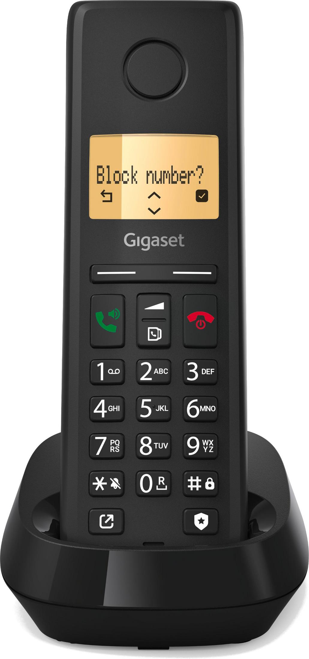 Un telefono cordless Gigaset nero con display che mostra "Blocca numero?".