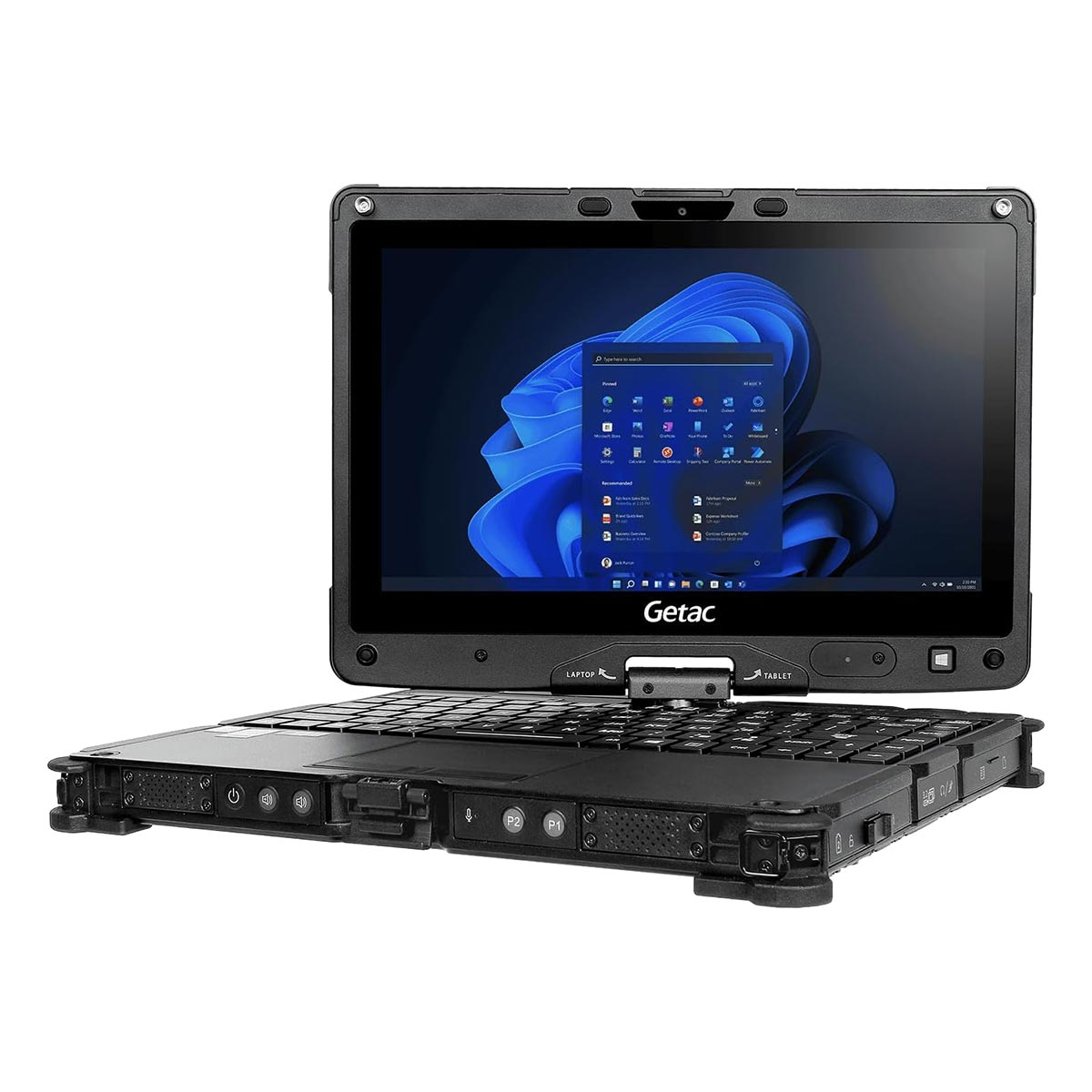Wytrzymały laptop Getac z czarną klawiaturą jest otwarty, pokazując pulpit Windows 11.