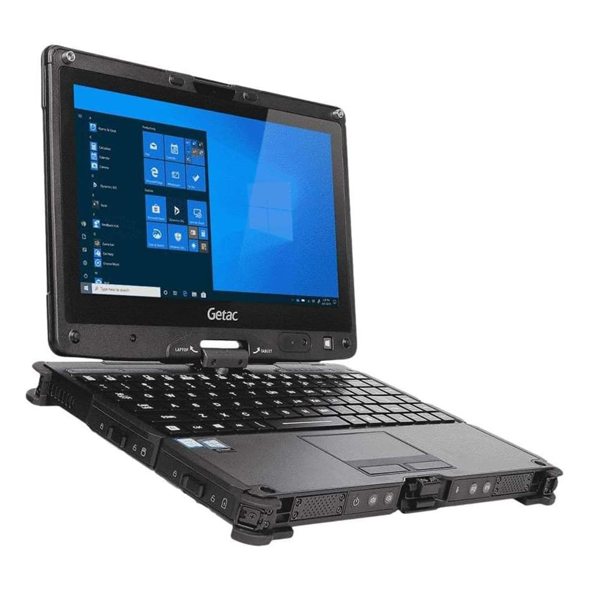 Wytrzymały czarny laptop Getac z otwartym ekranem i klawiaturą.