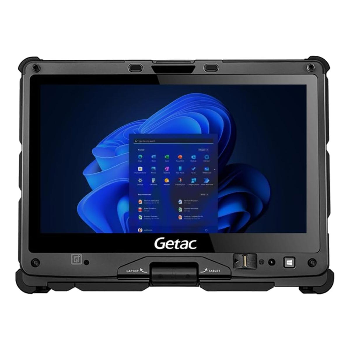 Wytrzymały tablet Getac z interfejsem Windows i niebieską grafiką tła.