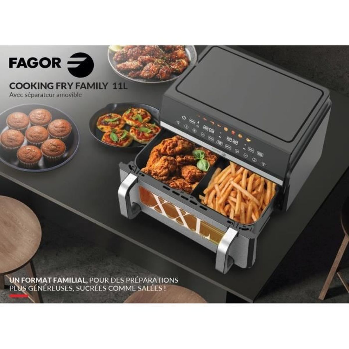 Friggitrice ad aria Fagor con pollo fritto, patatine, muffin e mini pizze.