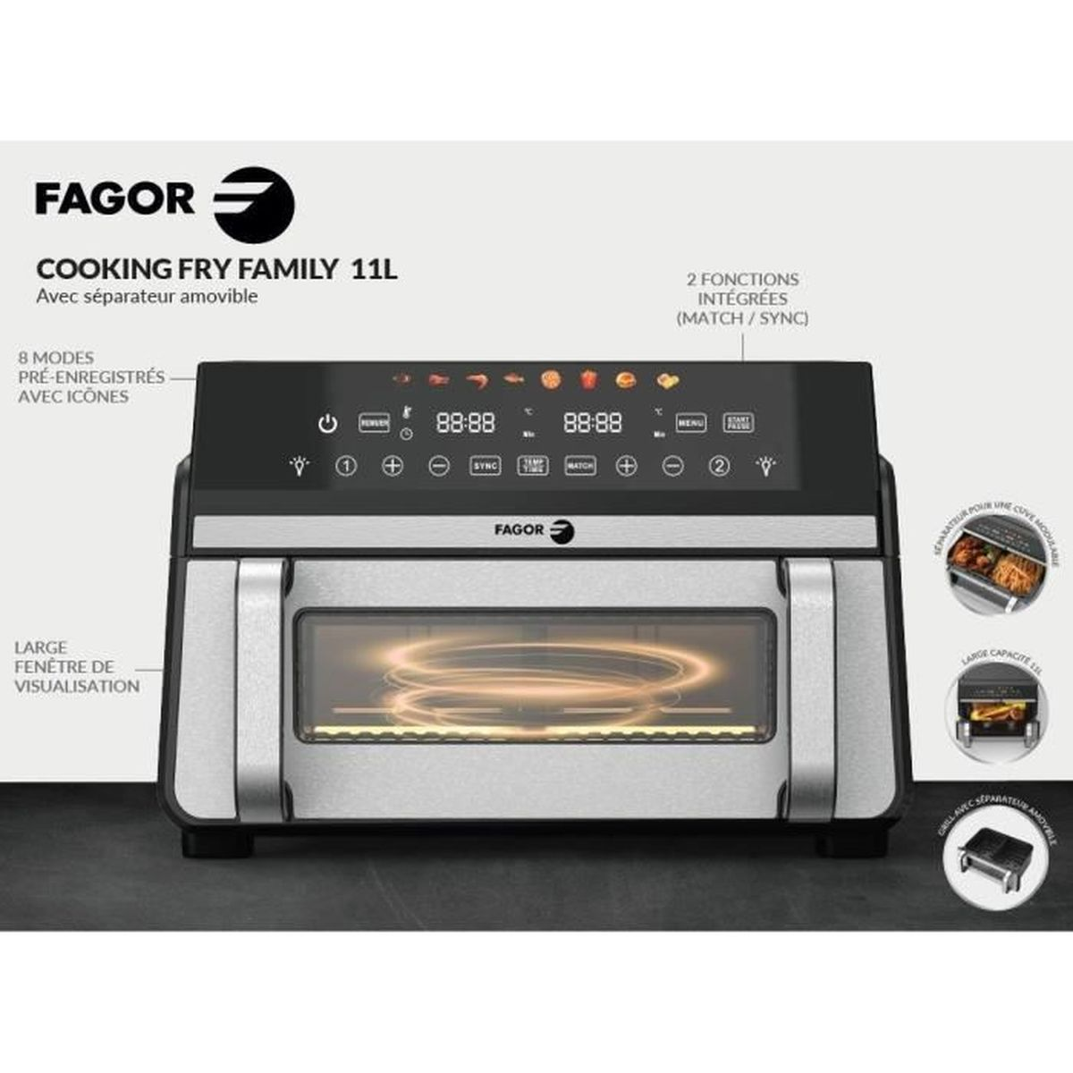 Friteuse ad aria Fagor 11L con divisorio rimovibile, display digitale e finestra.