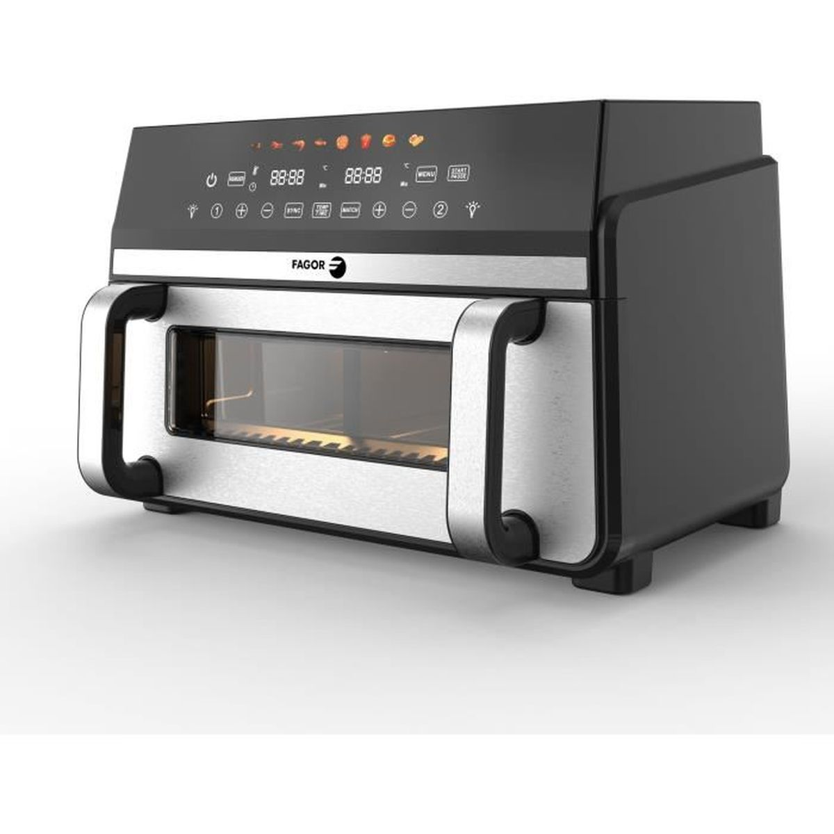 Un moderno tostapane nero e argento con display digitale e maniglie.