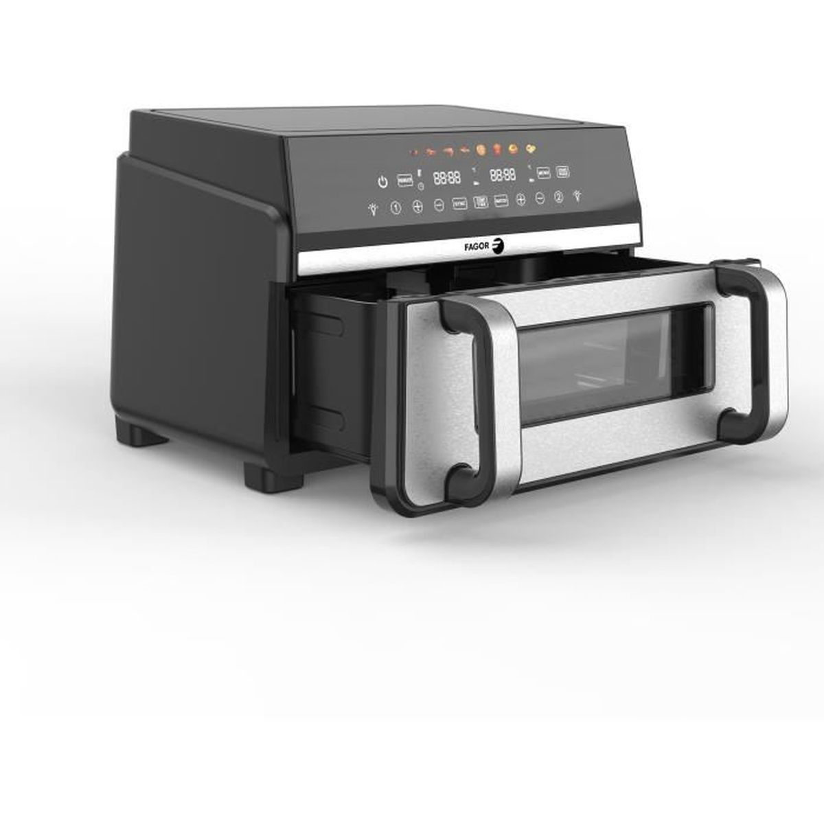 Un forno friggitrice ad aria Fagor nero con cassetto aperto e finestra.