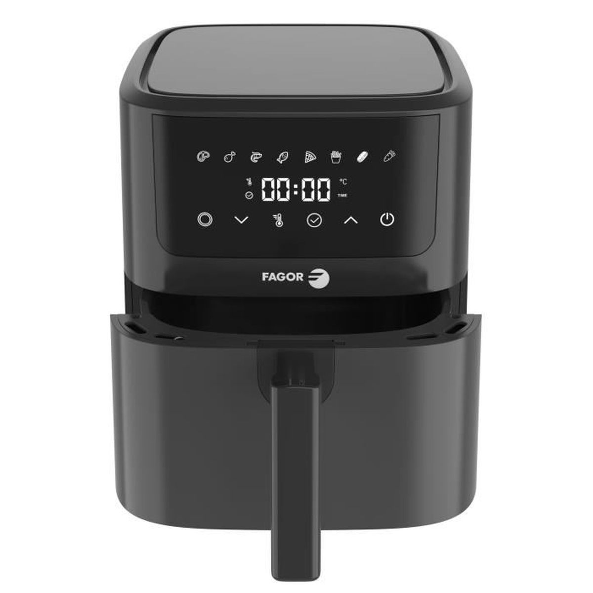 Friggitrice ad aria Fagor nera con display digitale e manico.
