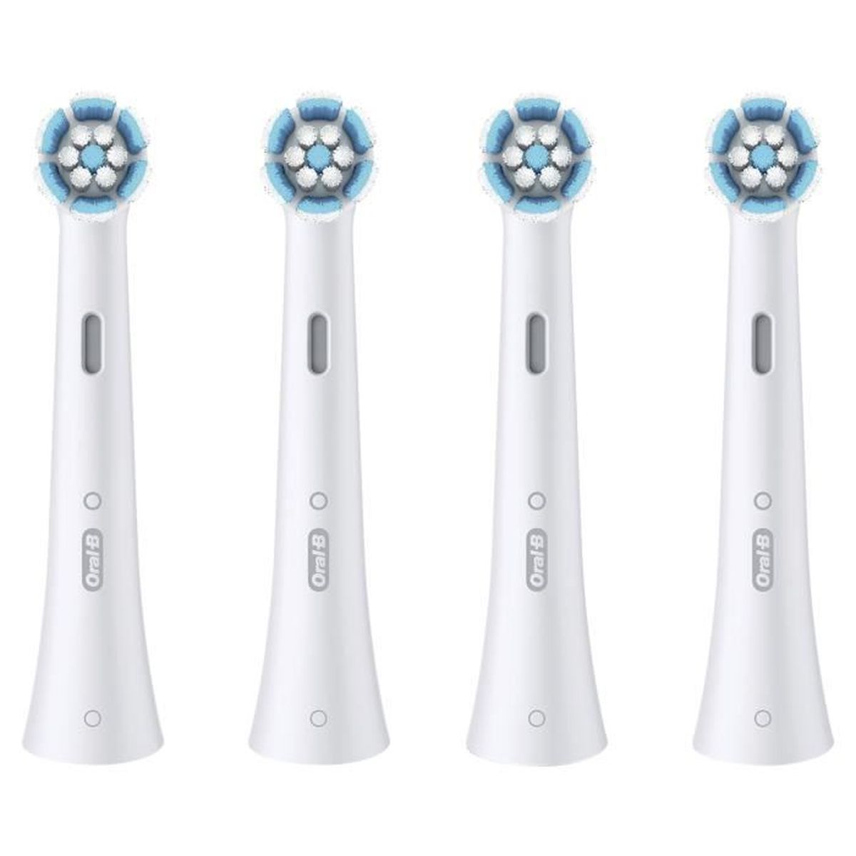 Vier weiße Oral-B Aufsteckbürsten mit blauen Borsten im Kreis angeordnet.