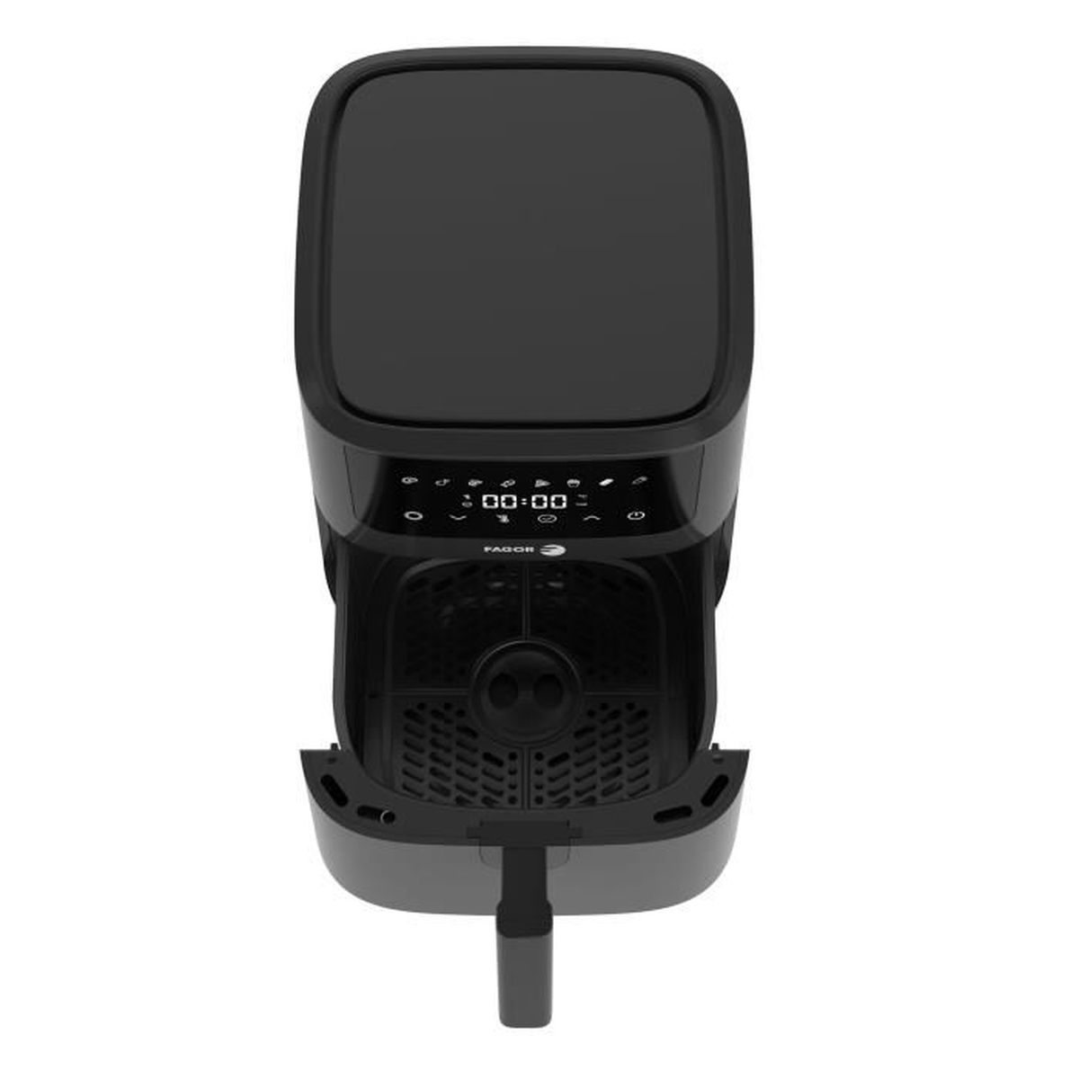 Friggitrice ad aria nera con display digitale che mostra 00:00.