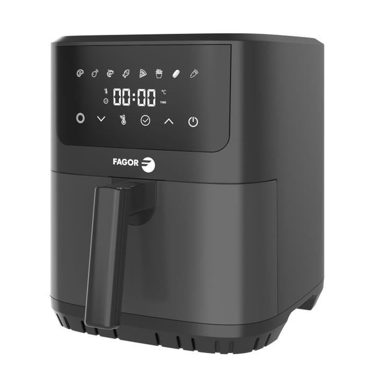 Friggitrice ad aria Fagor nera con display digitale e maniglia.