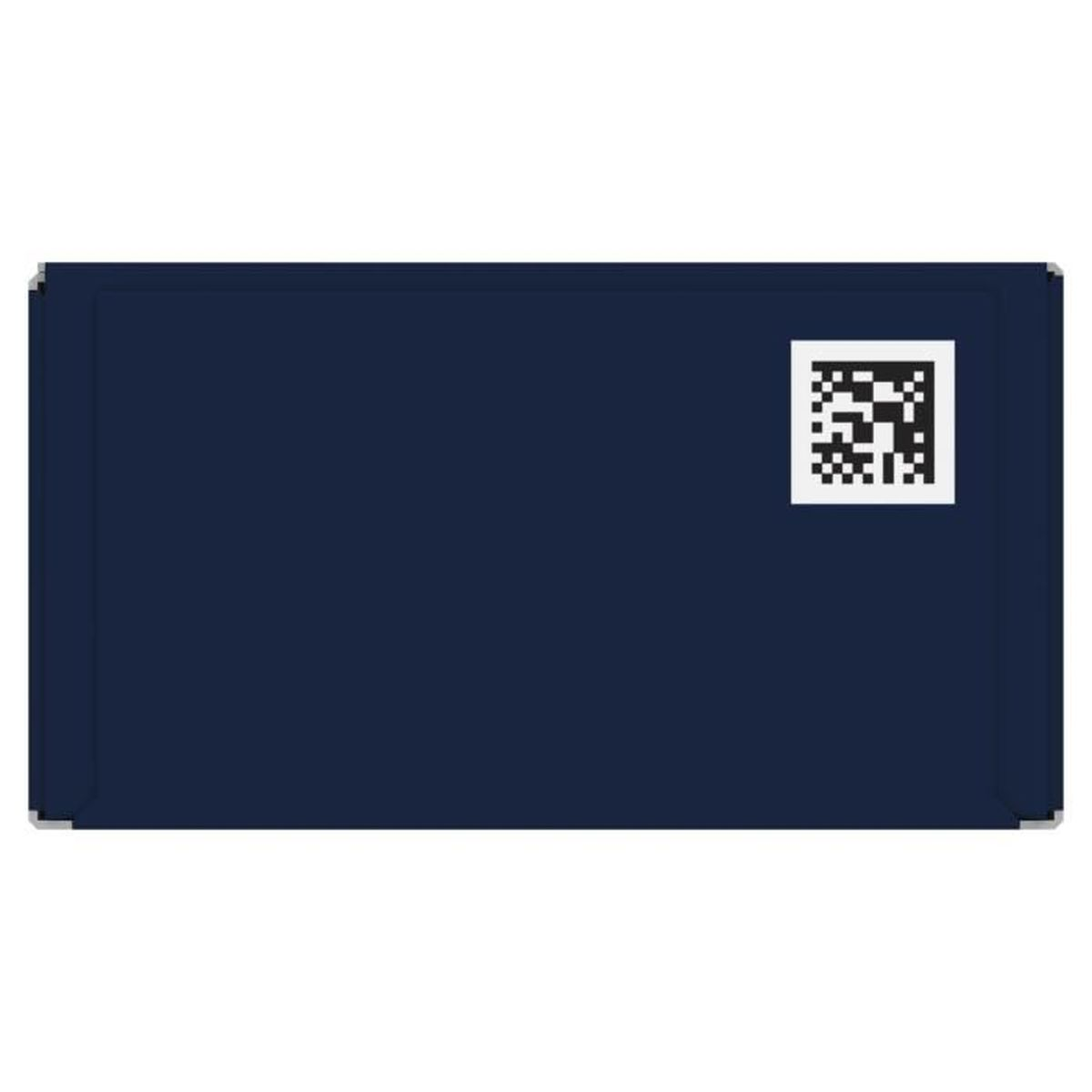 Dunkelblaue Box mit einem kleinen QR-Code auf der rechten Seite.