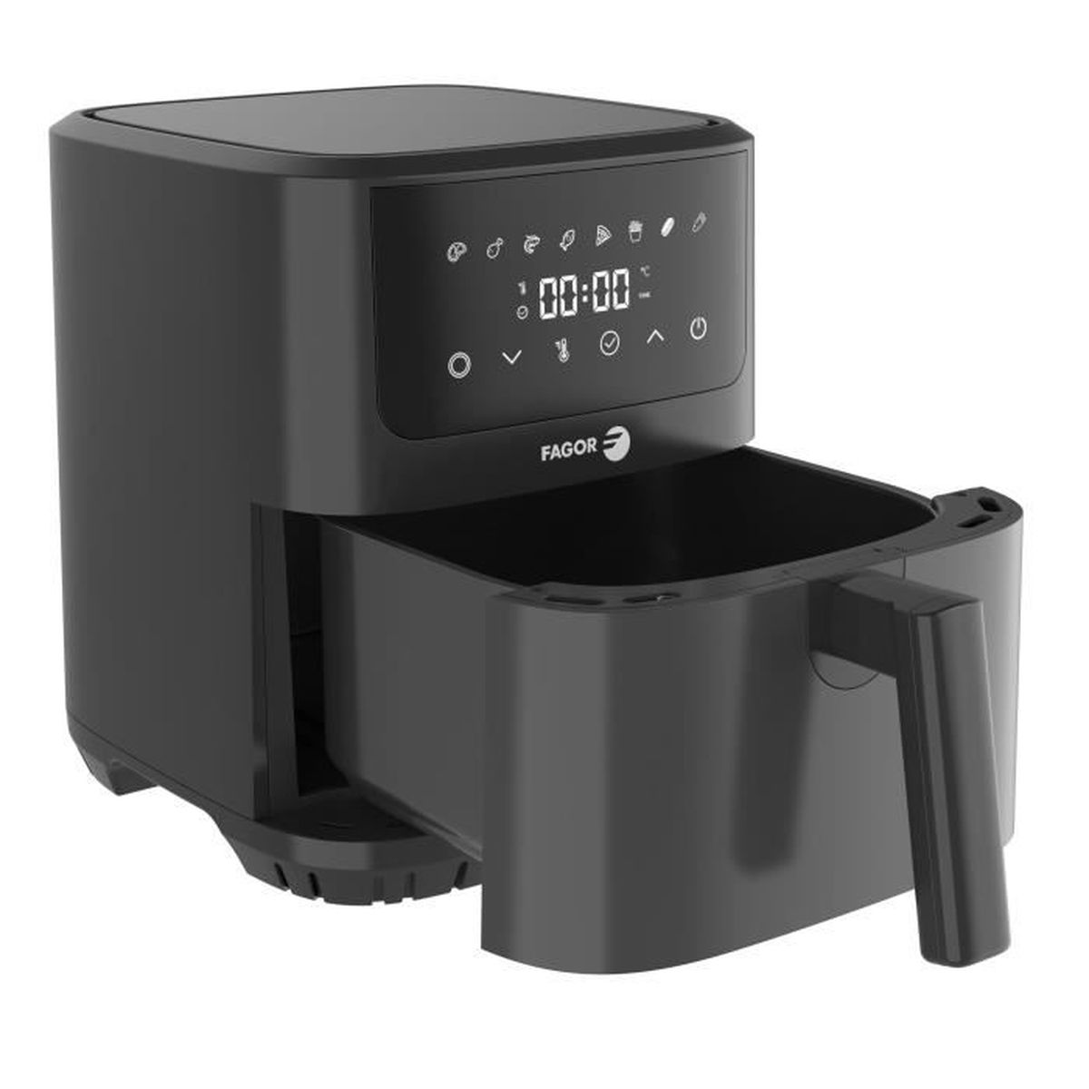 Friggitrice ad aria nera con display digitale e cassetto estraibile. Logo Fagor visibile.