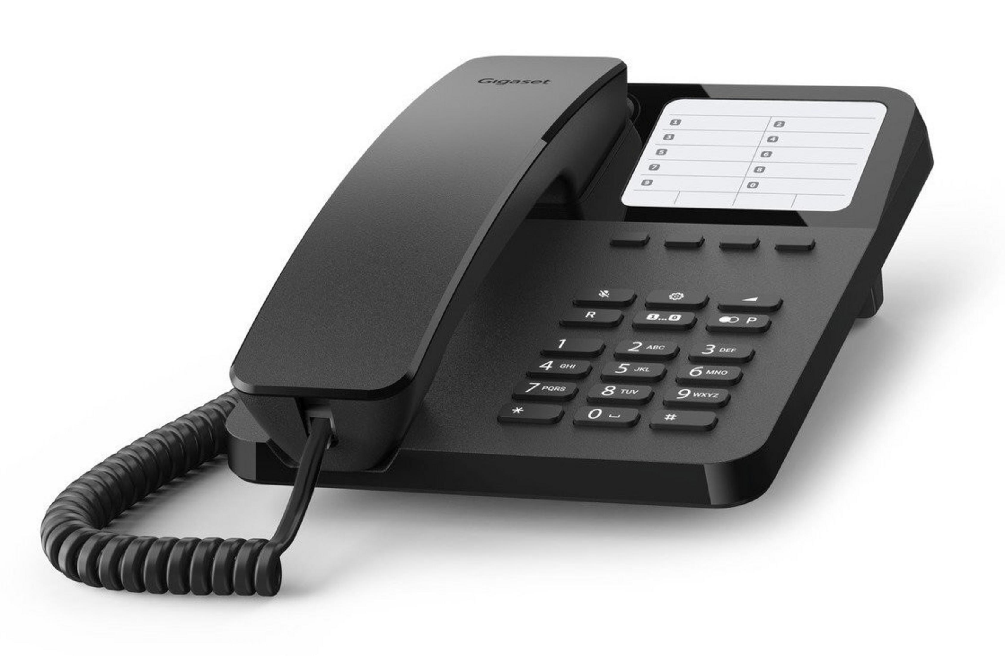 Telefono fisso Gigaset nero con tastiera e display.