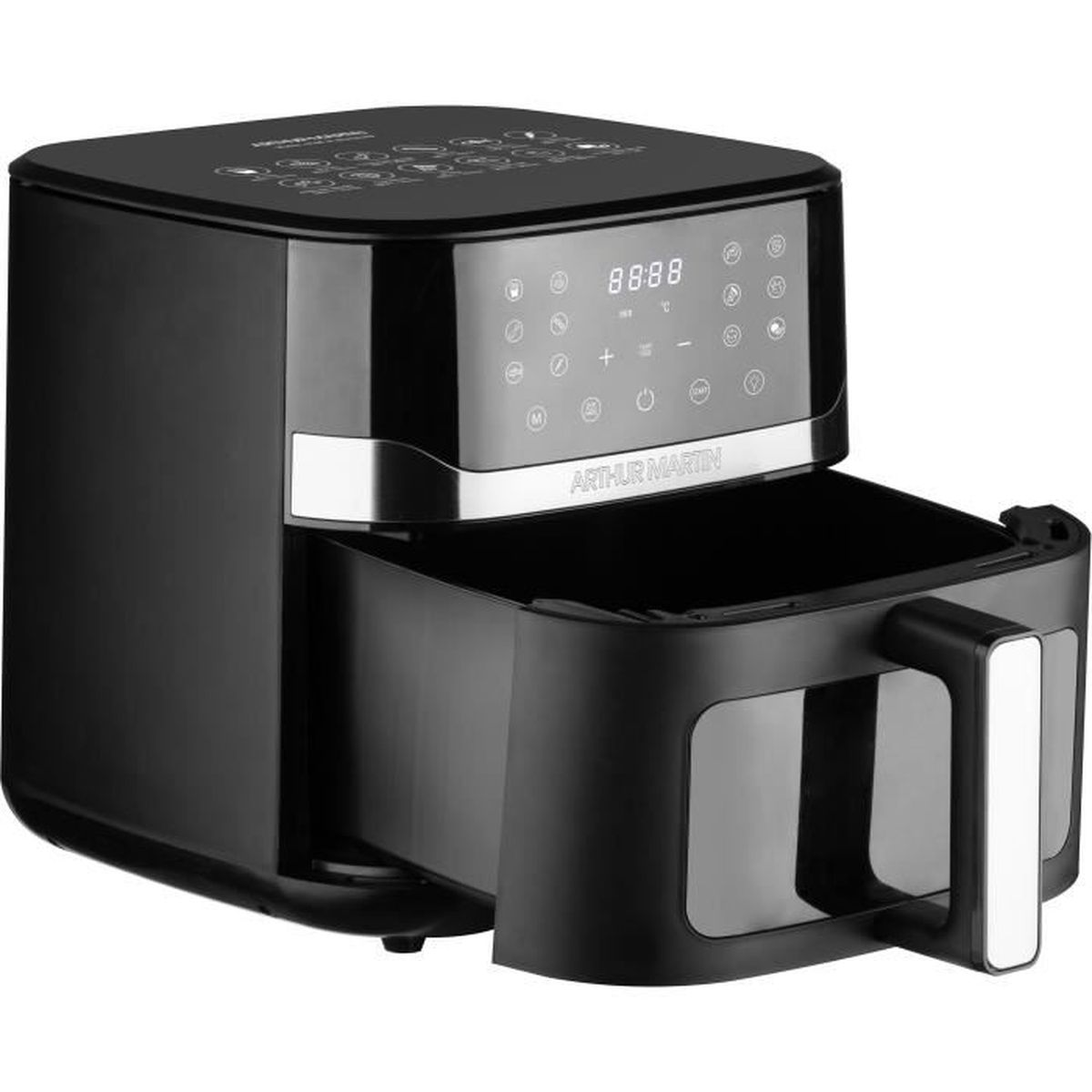 Friggitrice ad aria nera con display digitale e cestello estraibile.