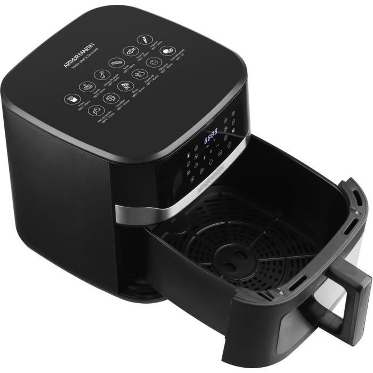 Friggitrice ad aria Arthur Martin nera con cestello aperto e display digitale.